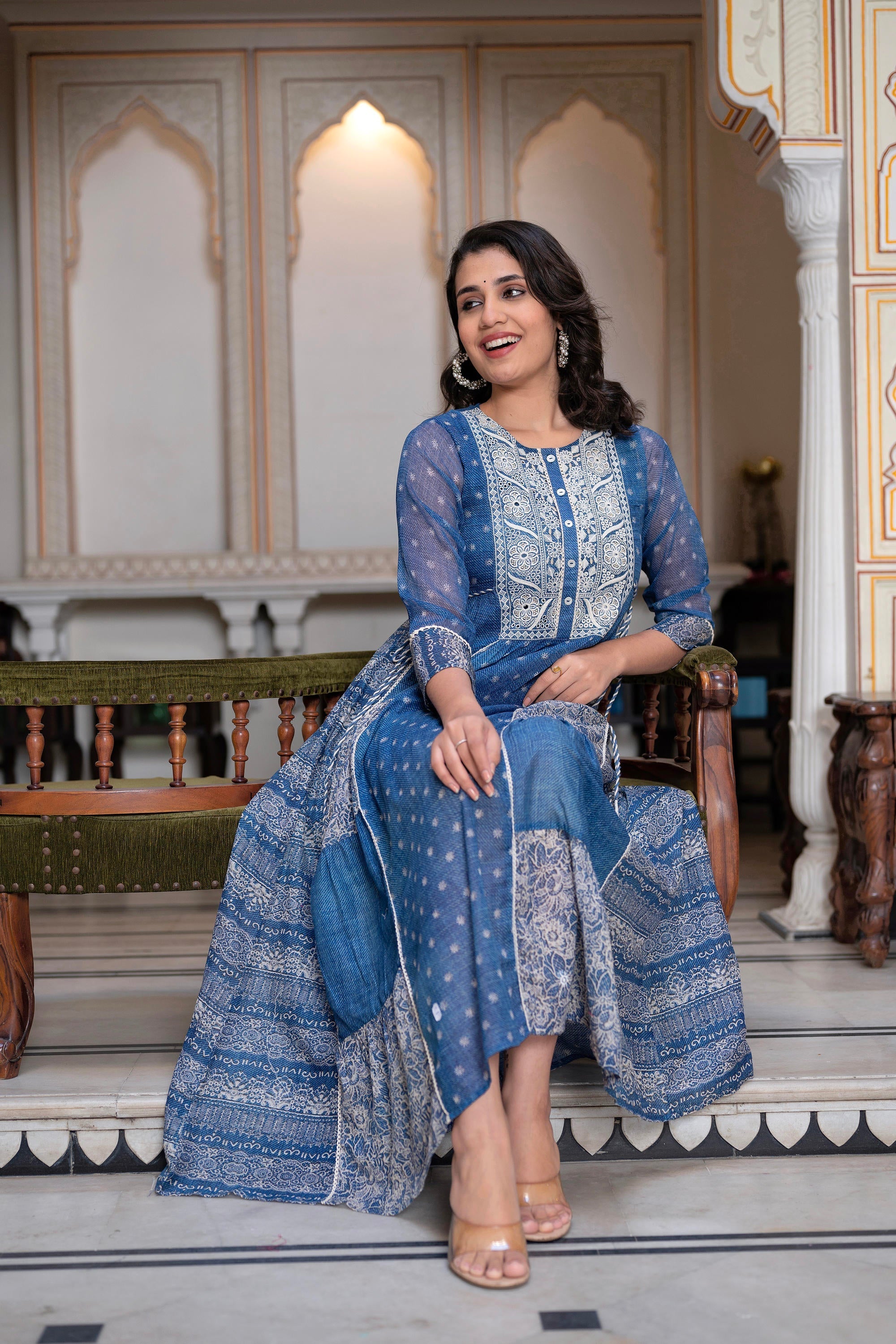 Juniper Blue Floral Embroidered Cotton Dress with Tassels & Denim Look