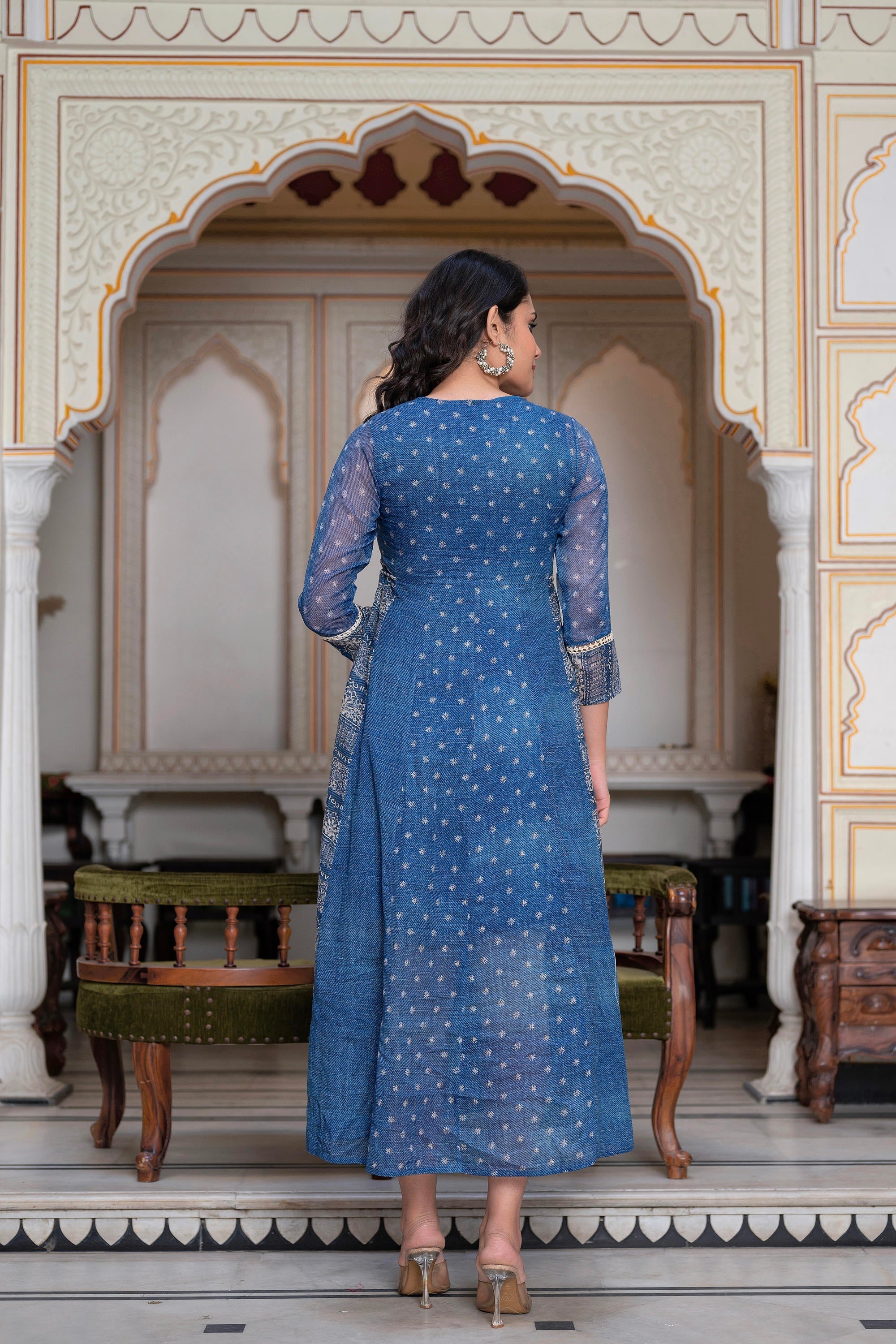Juniper Blue Floral Embroidered Cotton Dress with Tassels & Denim Look