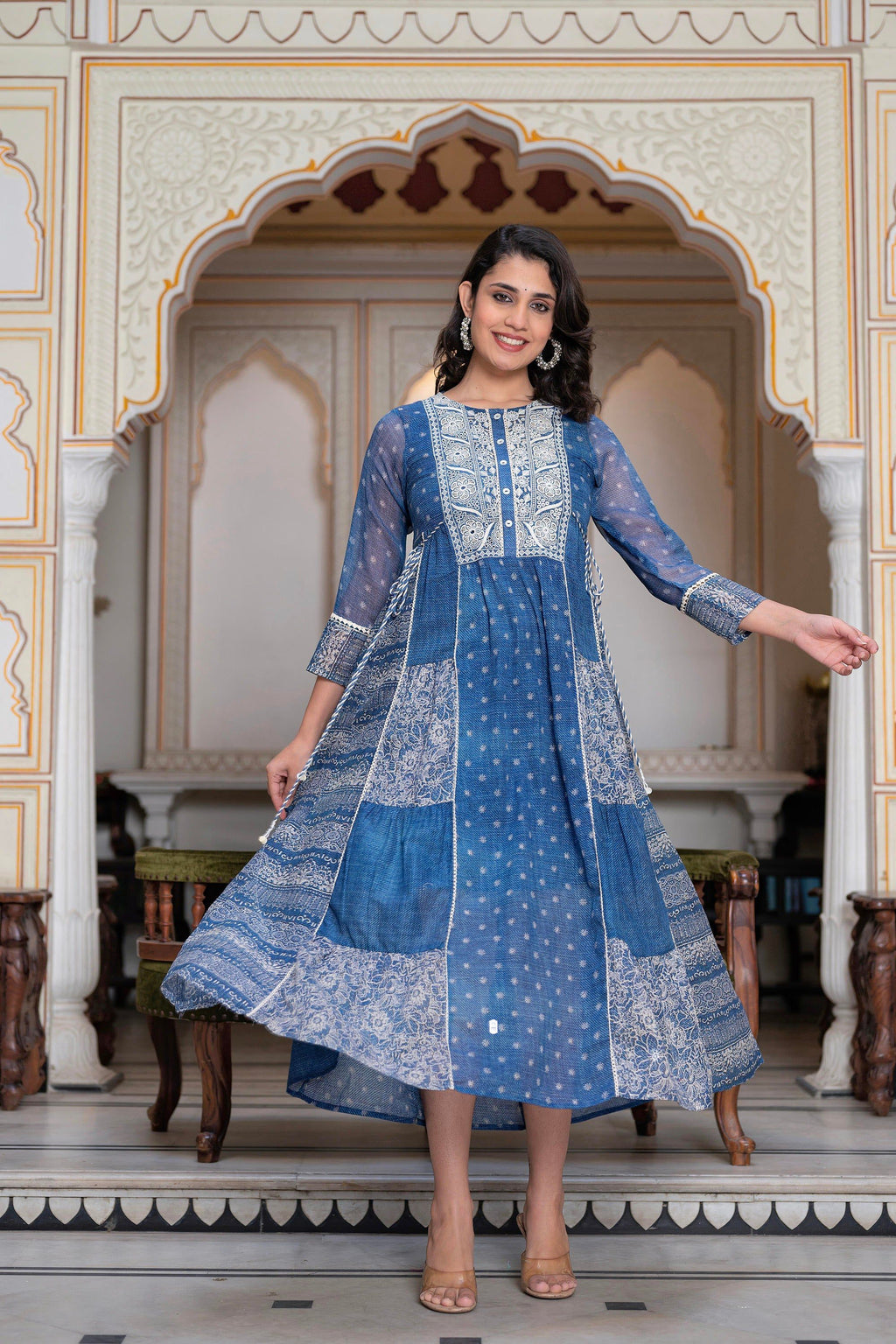 Juniper Blue Floral Embroidered Cotton Dress with Tassels & Denim Look