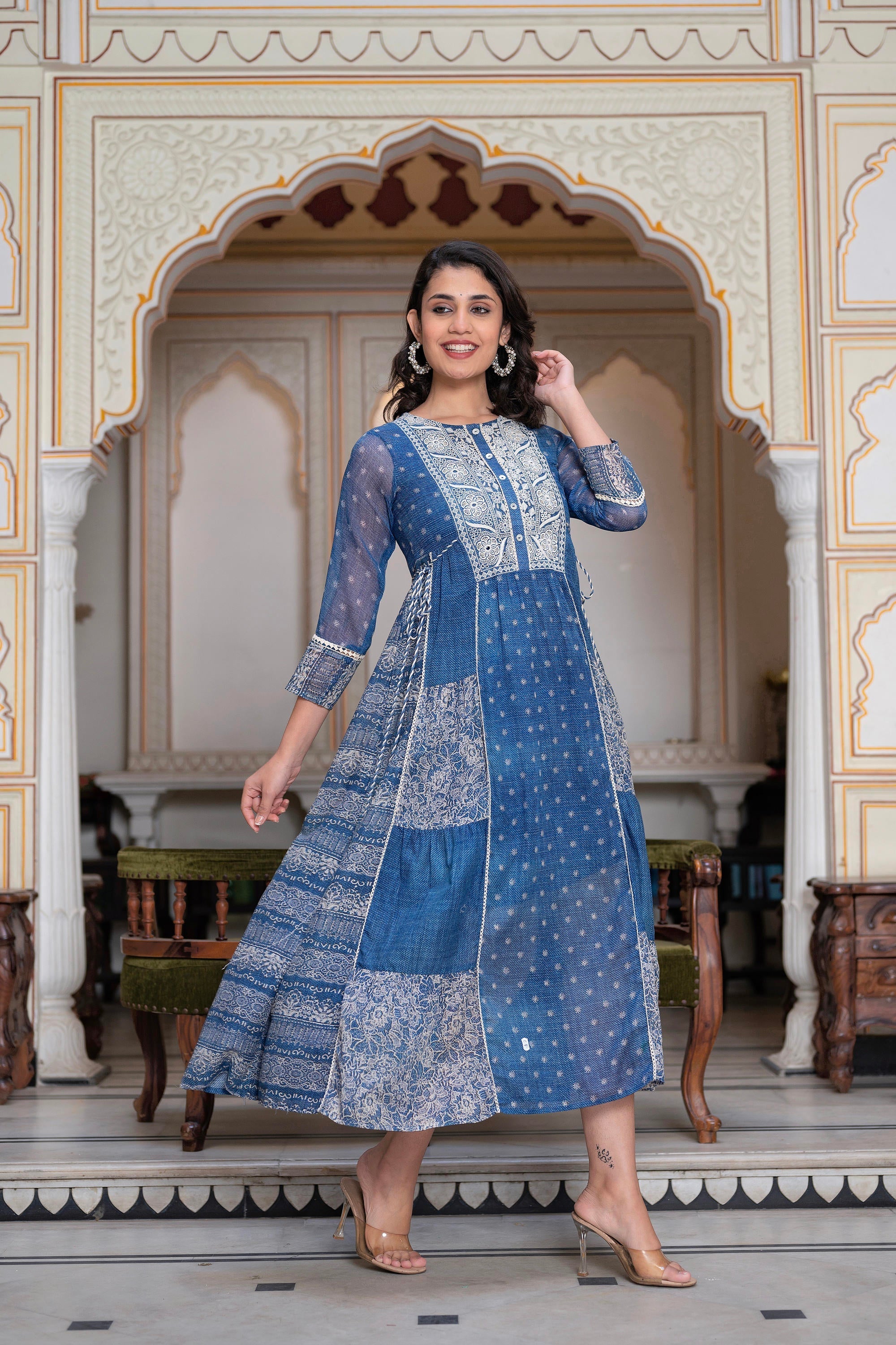 Juniper Blue Floral Embroidered Cotton Dress with Tassels & Denim Look