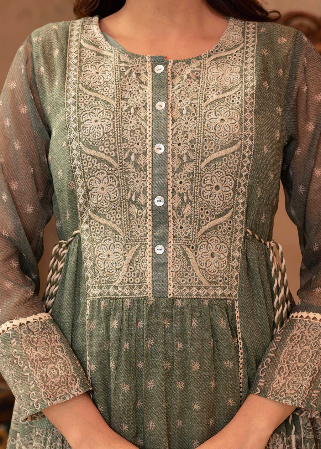 Juniper Green Floral Embroidered Cotton Dress with Tassels & Denim Look