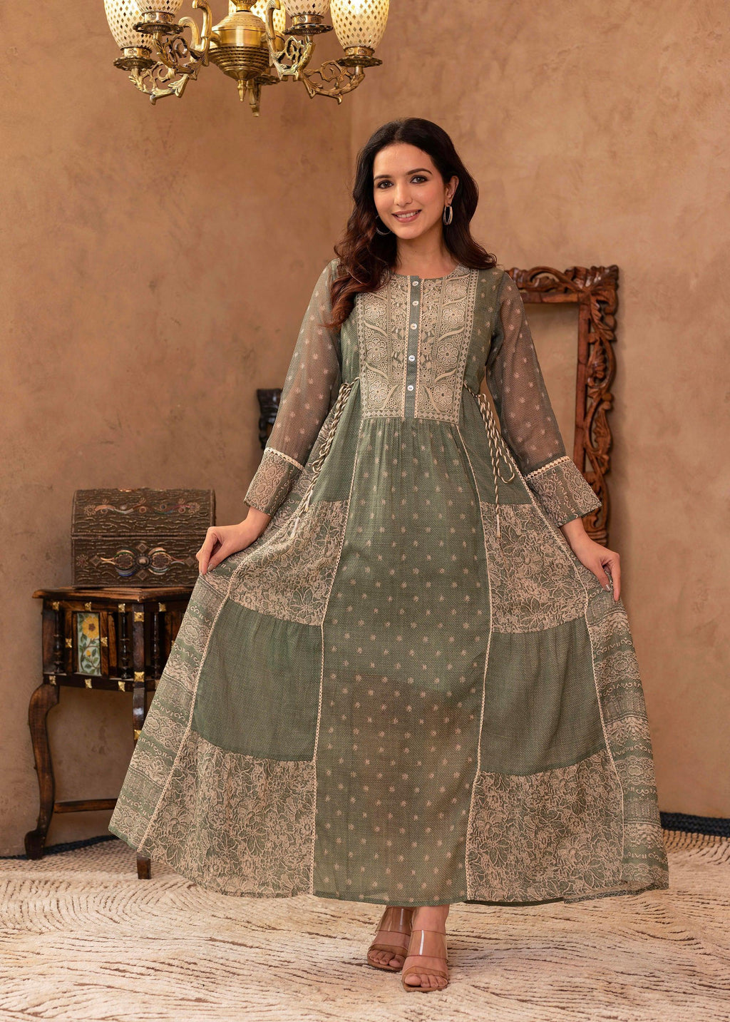 Juniper Green Floral Embroidered Cotton Dress with Tassels & Denim Look