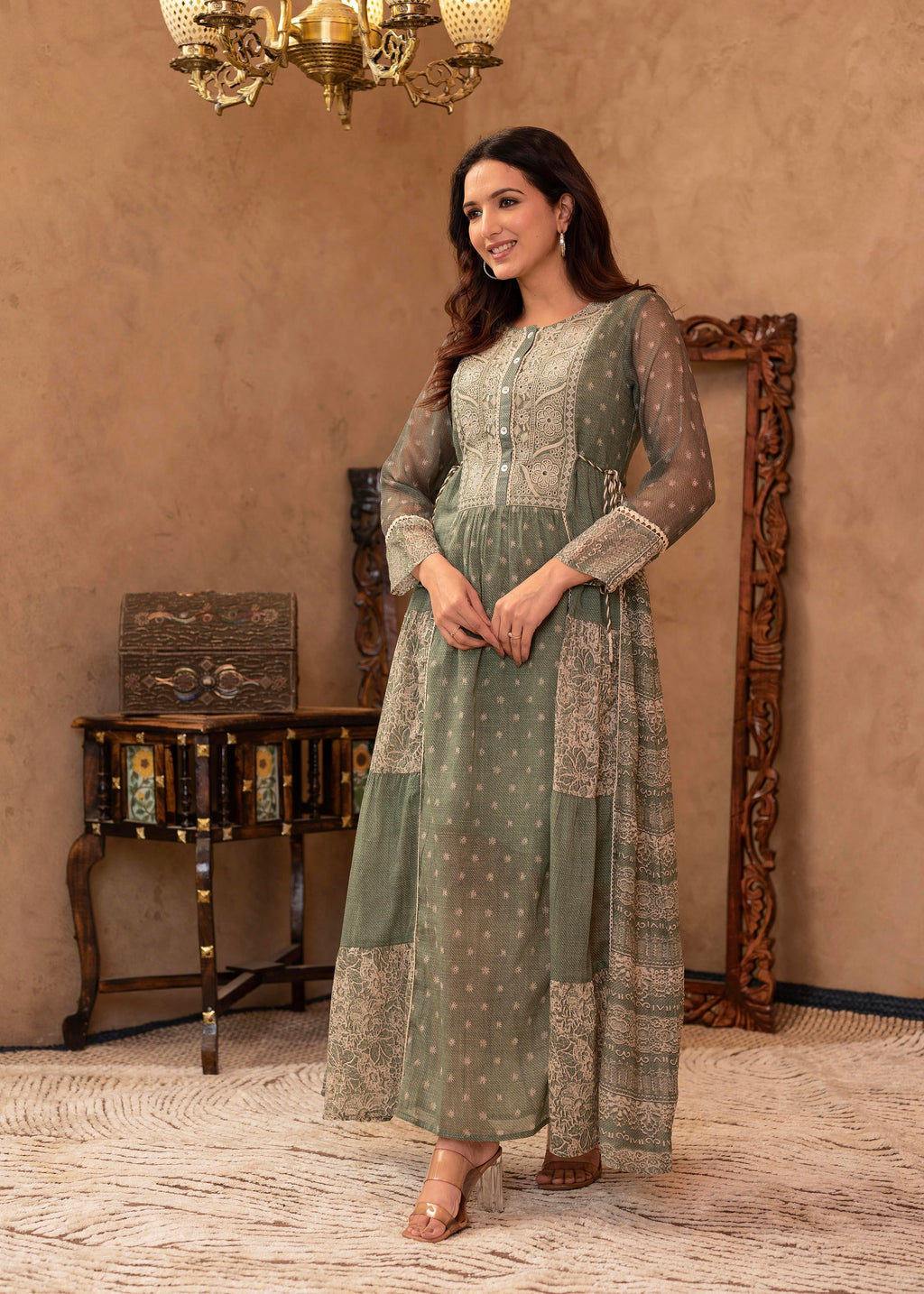 Juniper Green Floral Embroidered Cotton Dress with Tassels & Denim Look