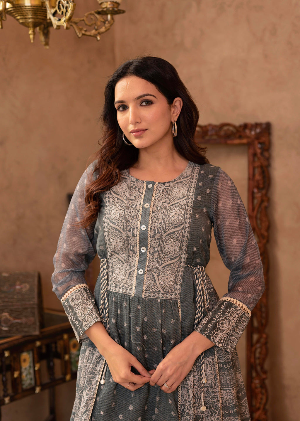 Juniper Grey Floral Embroidered Cotton Dress with Tassels & Denim Look
