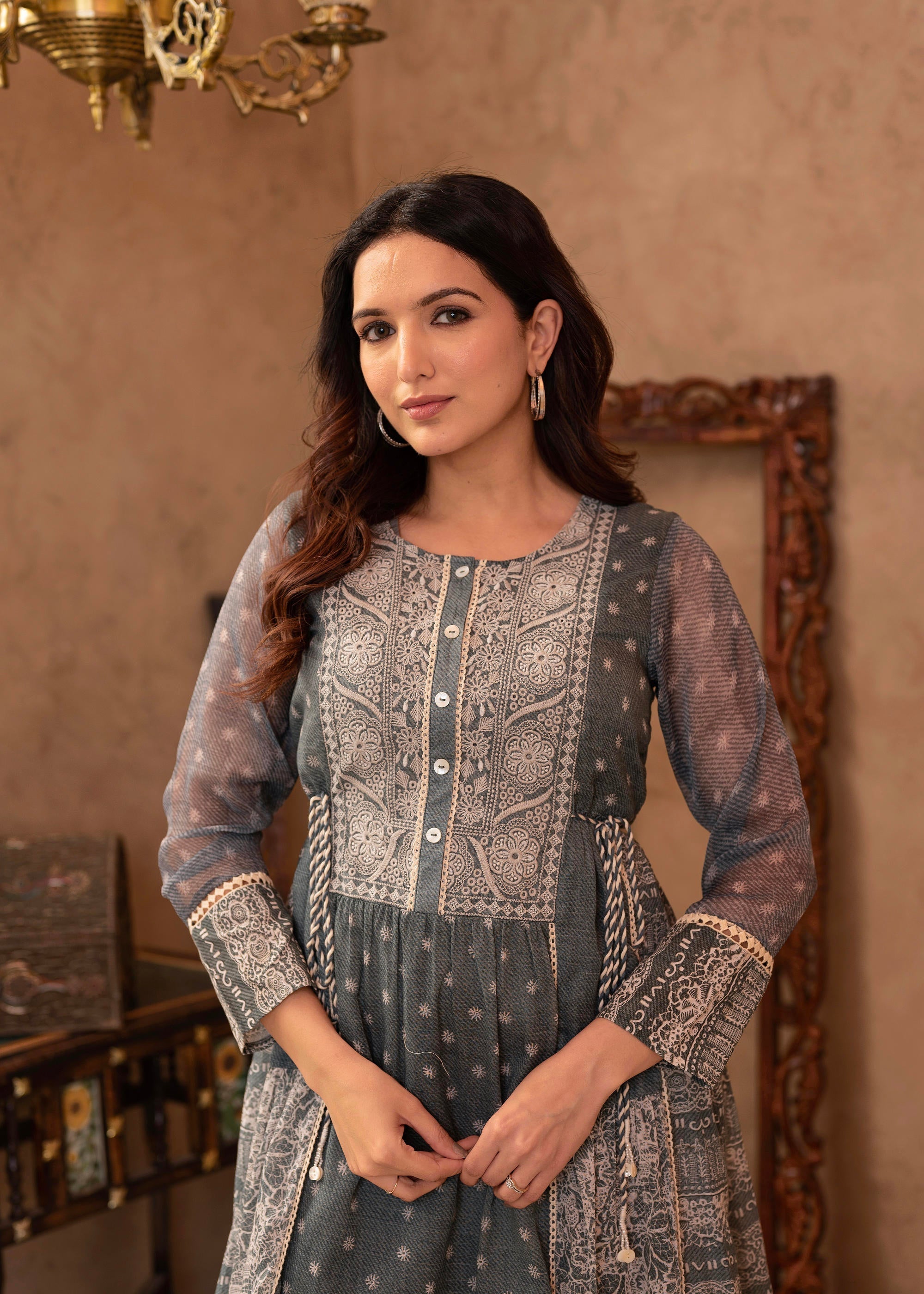 Juniper Grey Floral Embroidered Cotton Dress with Tassels & Denim Look