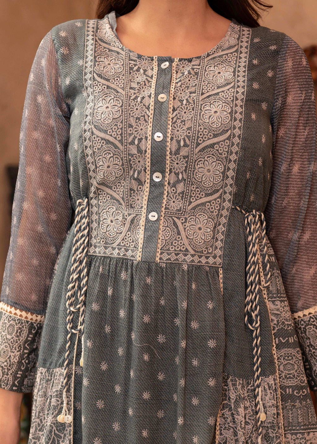 Juniper Grey Floral Embroidered Cotton Dress with Tassels & Denim Look