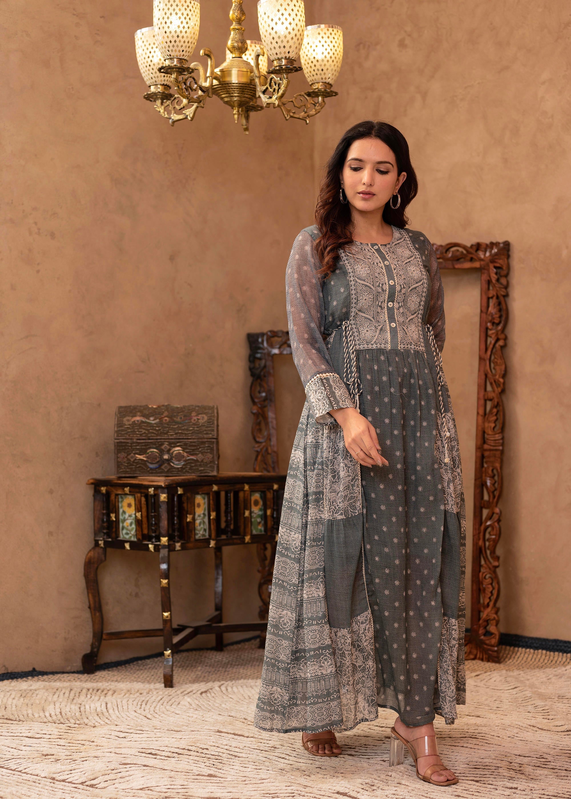 Juniper Grey Floral Embroidered Cotton Dress with Tassels & Denim Look