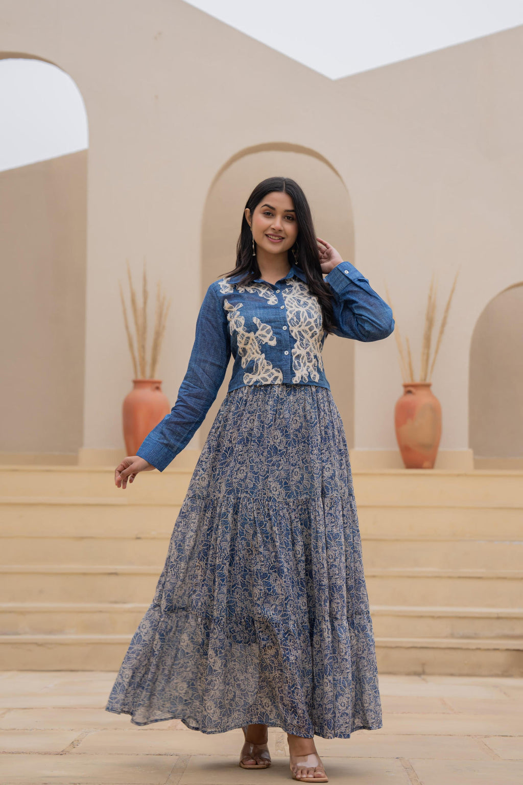 Juniper Indigo Blue Shirt-Style Dress with Off White Embroidery & Tiered Floral Maxi Skirt