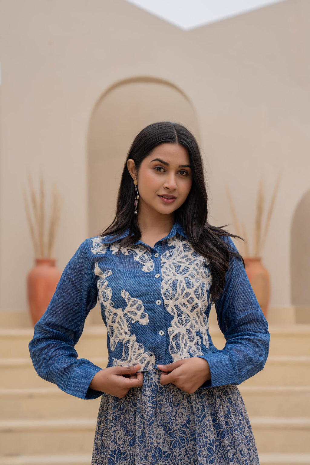 Juniper Indigo Blue Shirt-Style Dress with Off White Embroidery & Tiered Floral Maxi Skirt