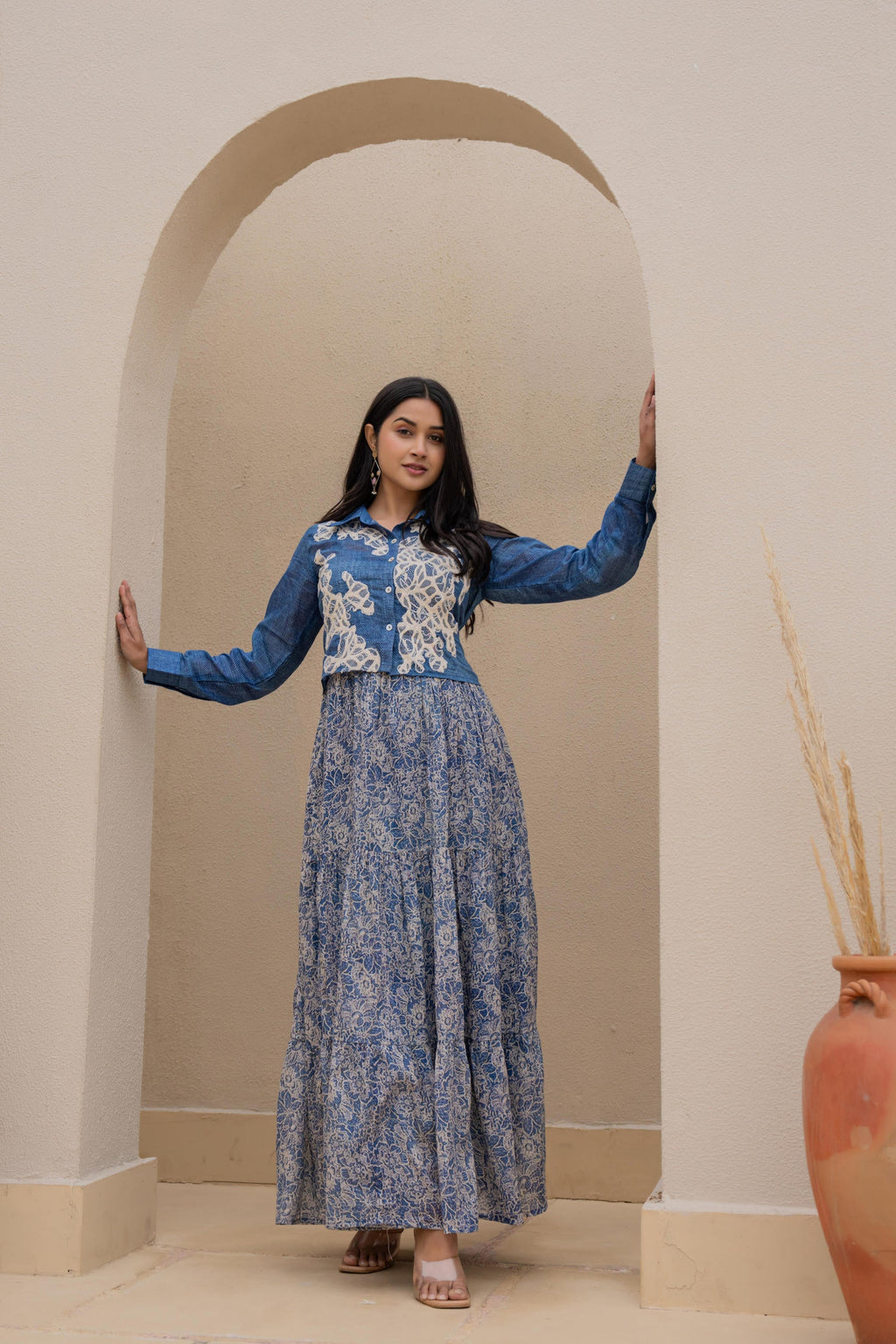 Juniper Indigo Blue Shirt-Style Dress with Off White Embroidery & Tiered Floral Maxi Skirt