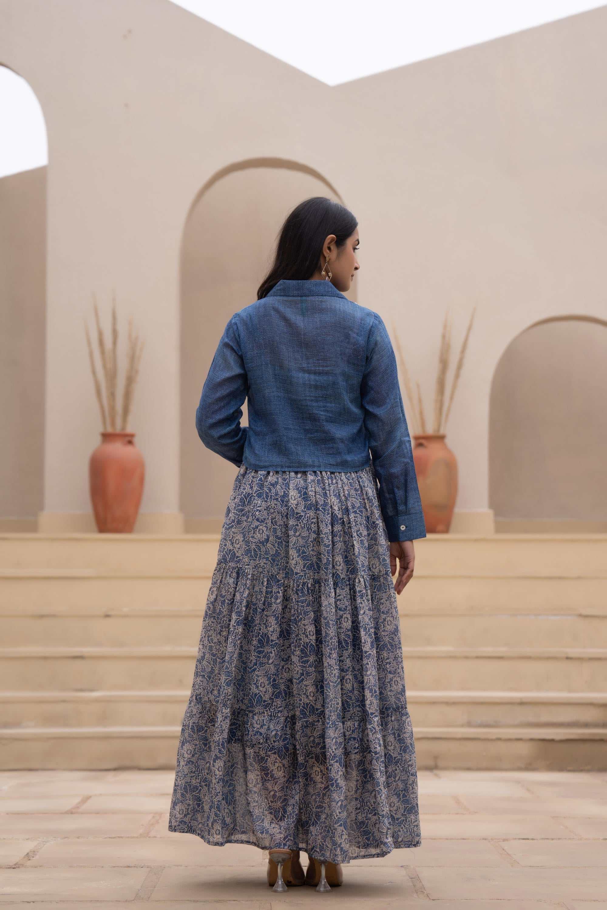 Juniper Indigo Blue Shirt-Style Dress with Off White Embroidery & Tiered Floral Maxi Skirt