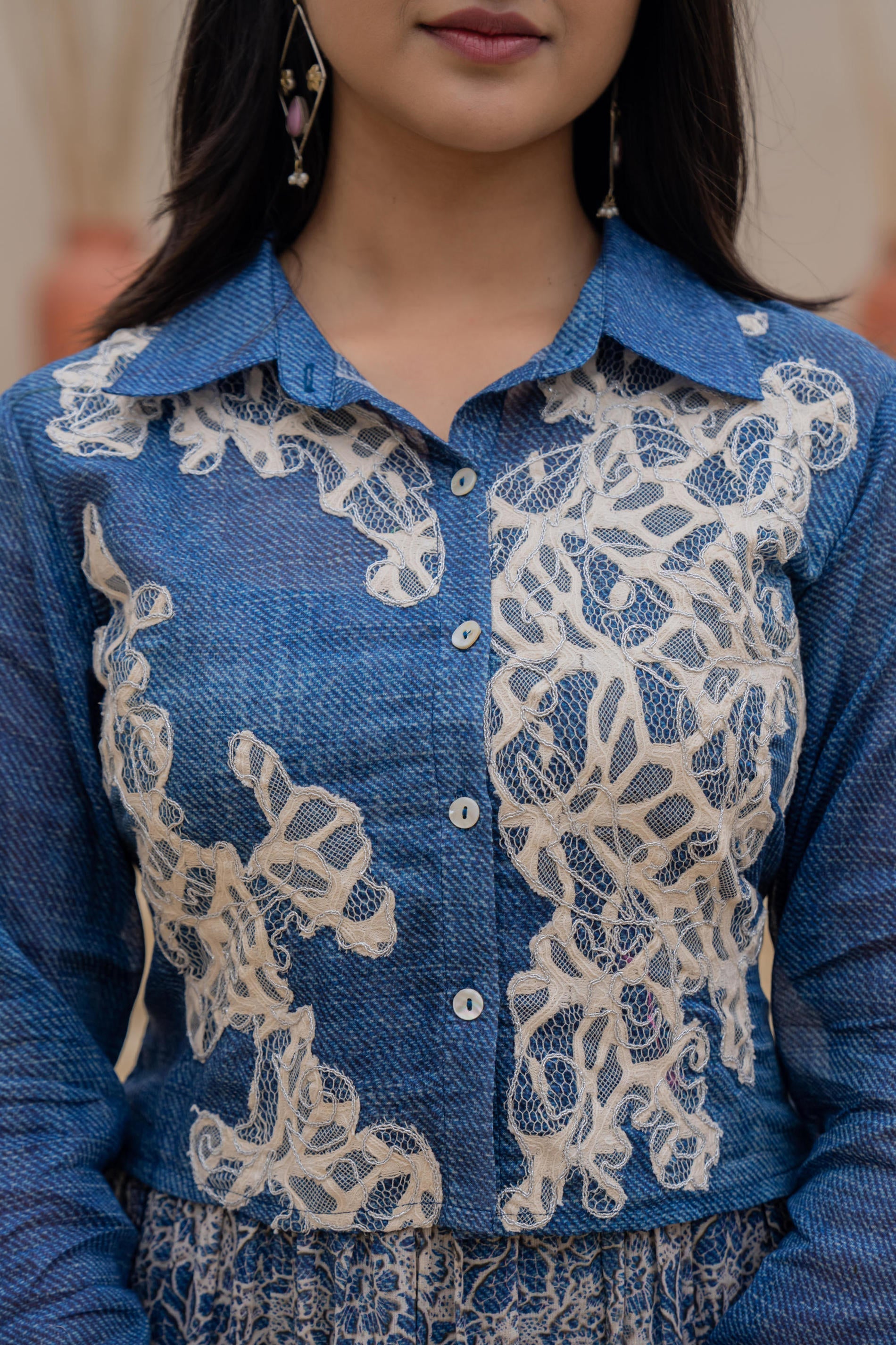 Juniper Indigo Blue Shirt-Style Dress with Off White Embroidery & Tiered Floral Maxi Skirt