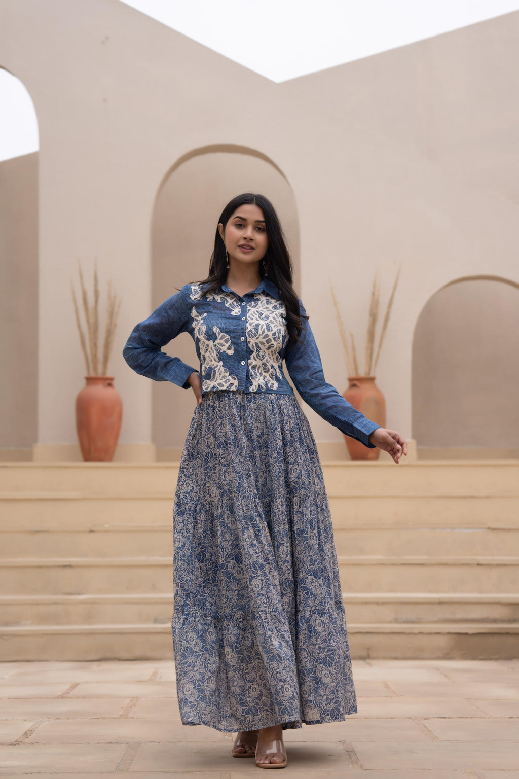 Juniper Indigo Blue Shirt-Style Dress with Off White Embroidery & Tiered Floral Maxi Skirt