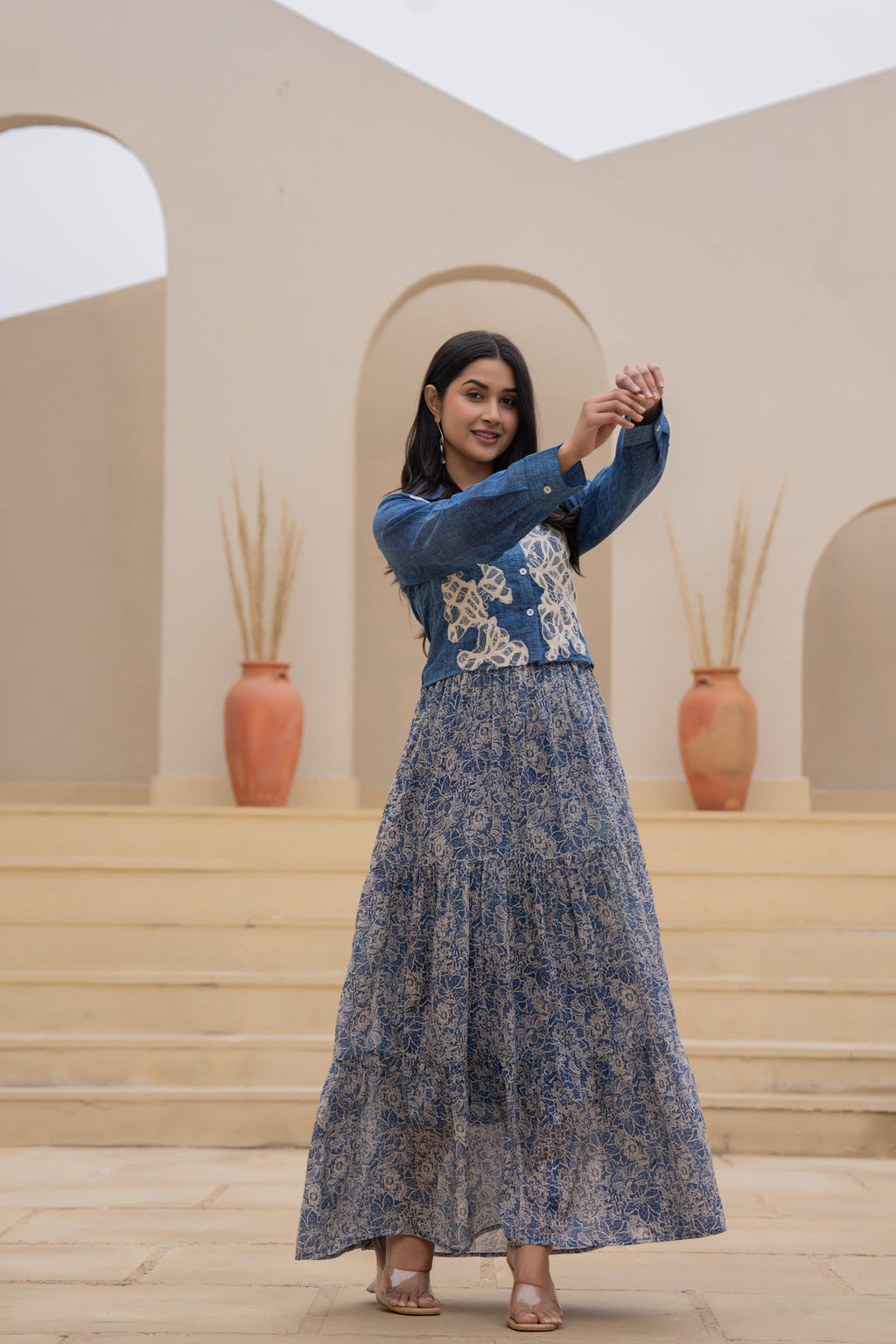 Juniper Indigo Blue Shirt-Style Dress with Off White Embroidery & Tiered Floral Maxi Skirt