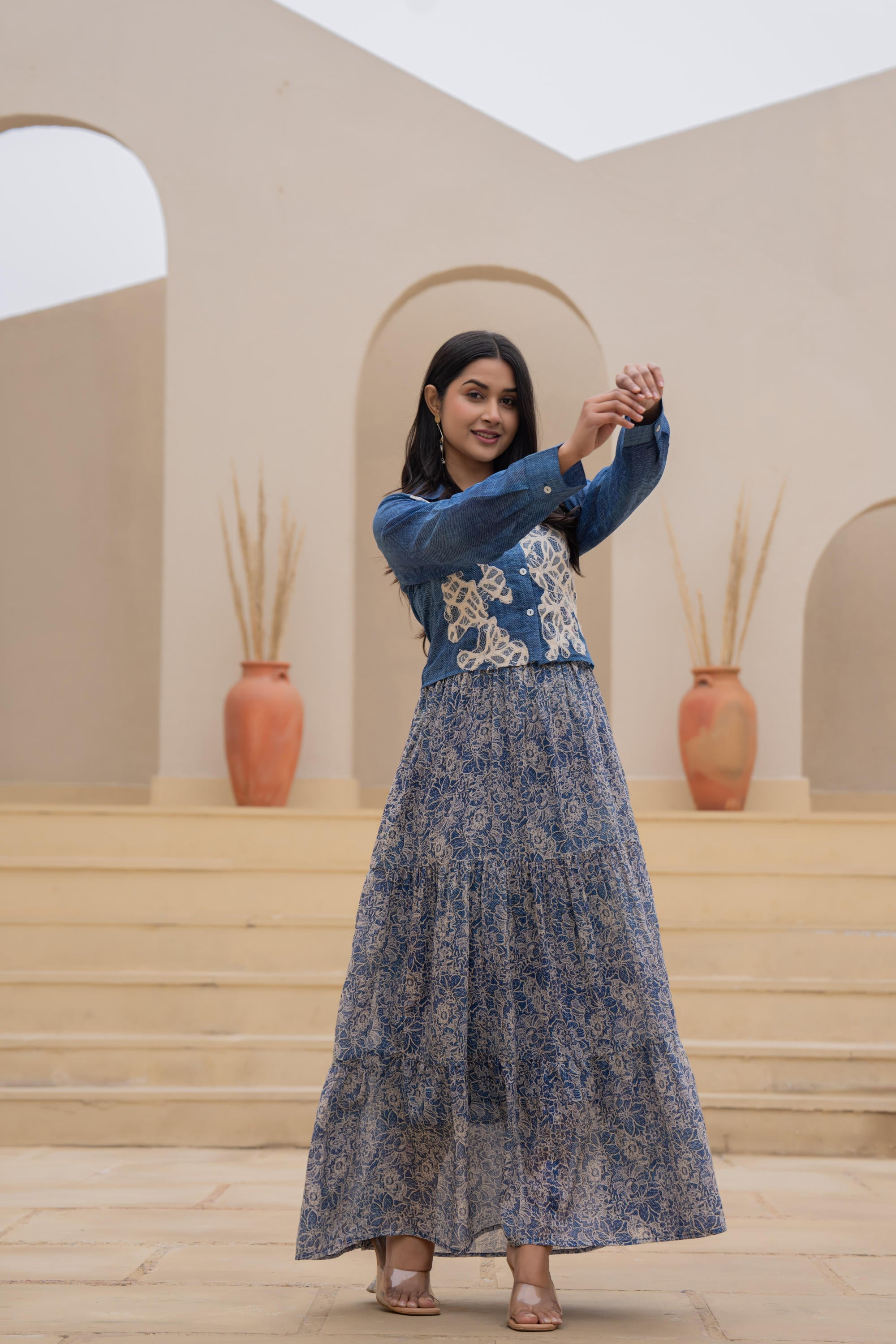 Juniper Indigo Blue Shirt-Style Dress with Off White Embroidery & Tiered Floral Maxi Skirt