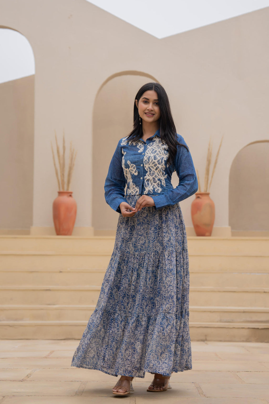 Juniper Indigo Blue Shirt-Style Dress with Off White Embroidery & Tiered Floral Maxi Skirt