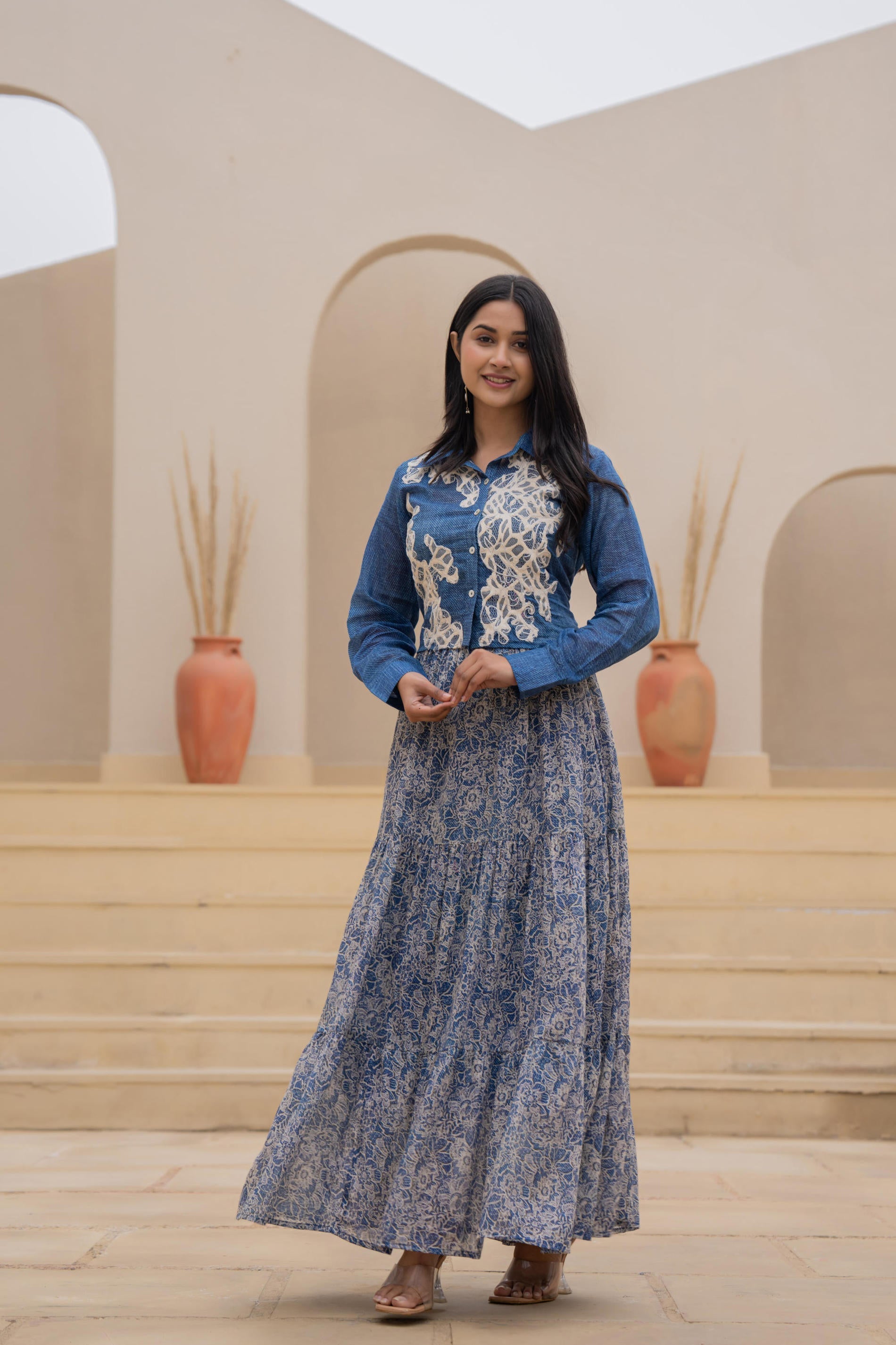Juniper Indigo Blue Shirt-Style Dress with Off White Embroidery & Tiered Floral Maxi Skirt