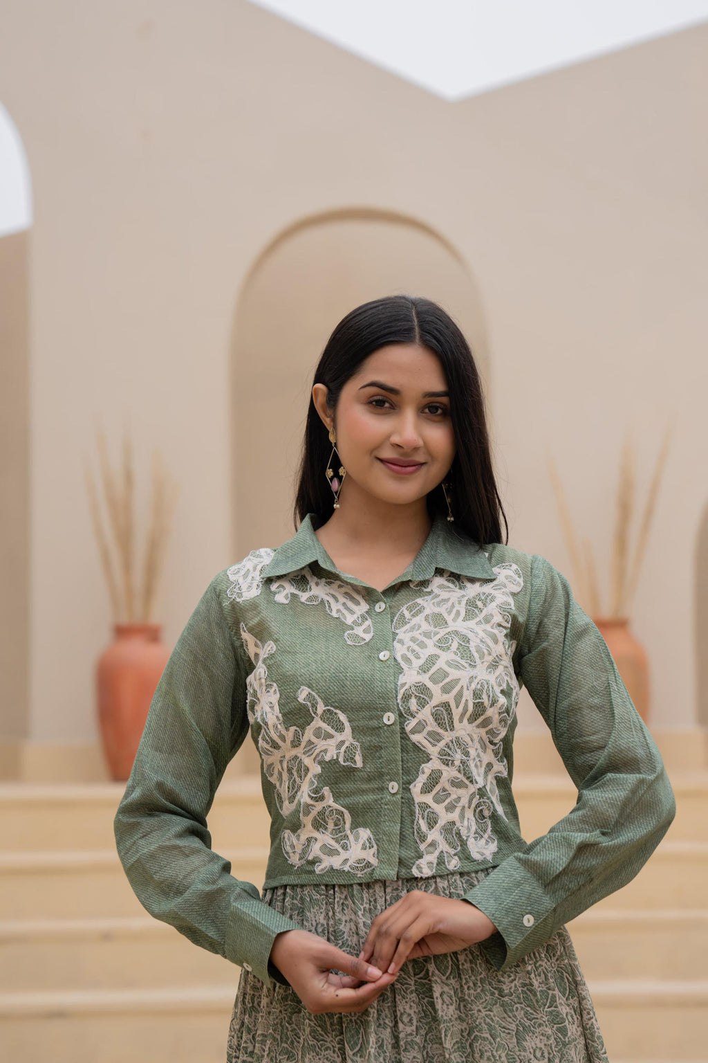 Juniper Green Shirt-Style Dress with Off White Embroidery & Tiered Floral Maxi Skirt