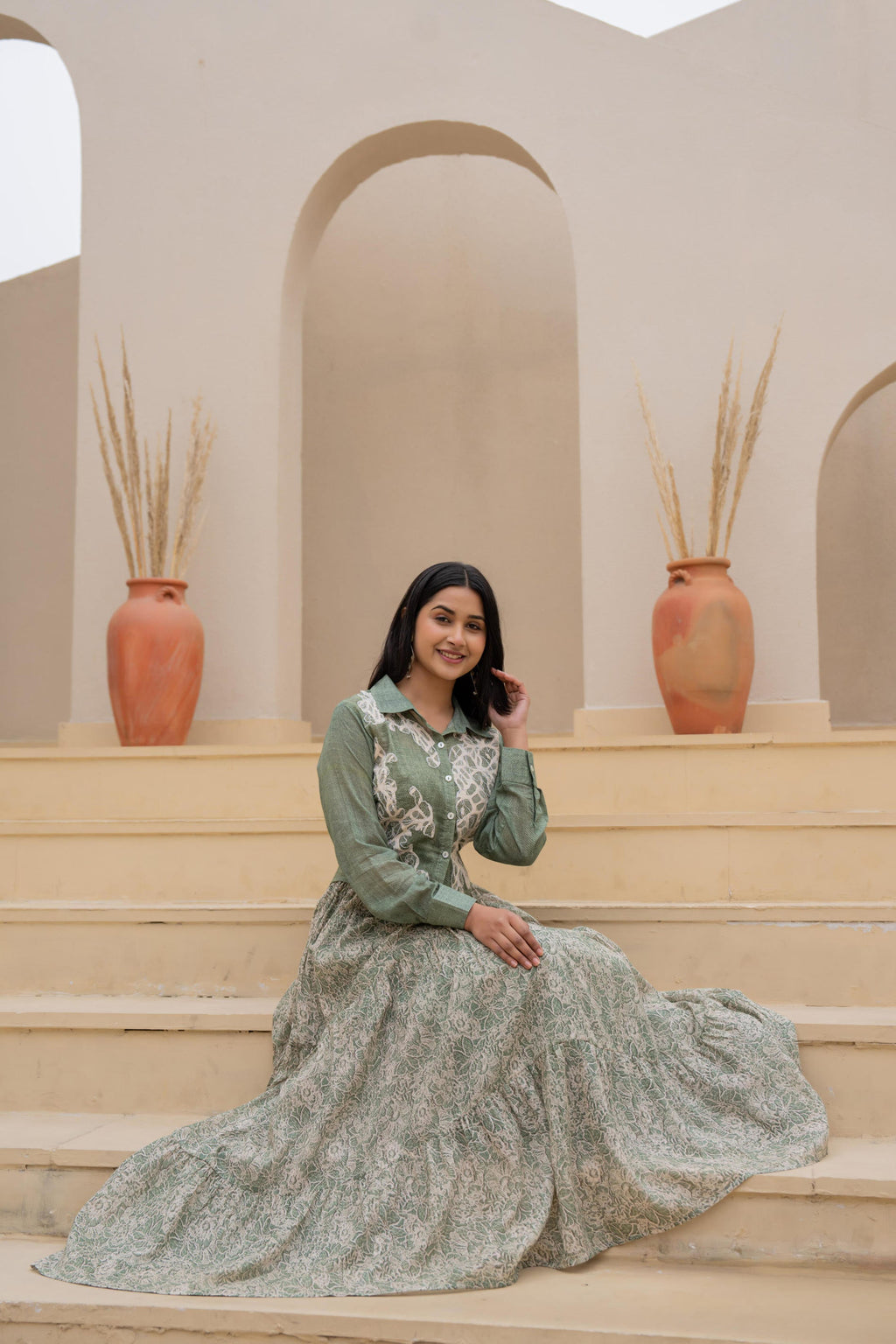 Juniper Green Shirt-Style Dress with Off White Embroidery & Tiered Floral Maxi Skirt