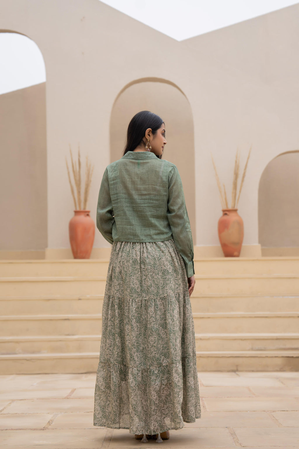 Juniper Green Shirt-Style Dress with Off White Embroidery & Tiered Floral Maxi Skirt