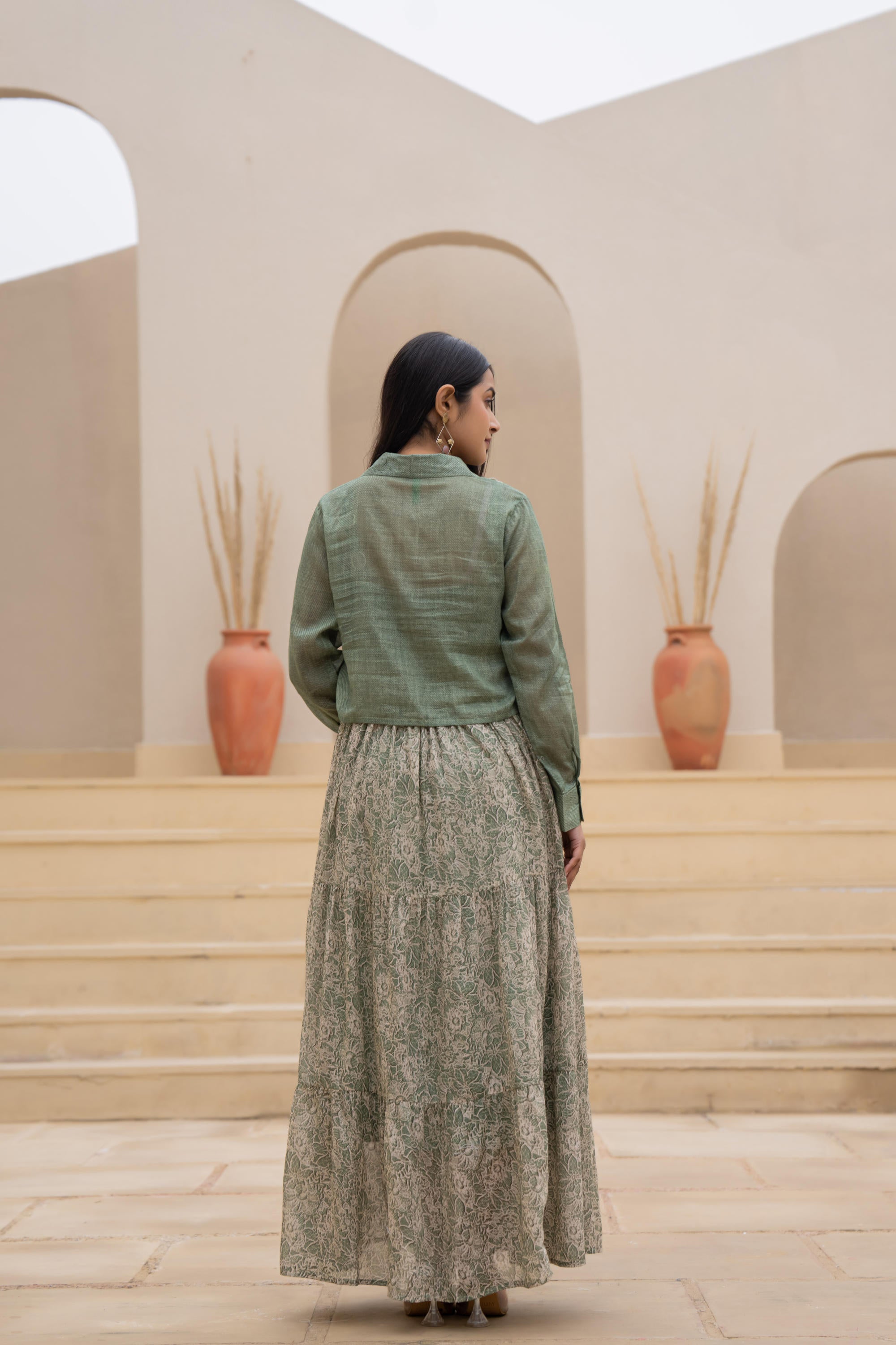 Juniper Green Shirt-Style Dress with Off White Embroidery & Tiered Floral Maxi Skirt