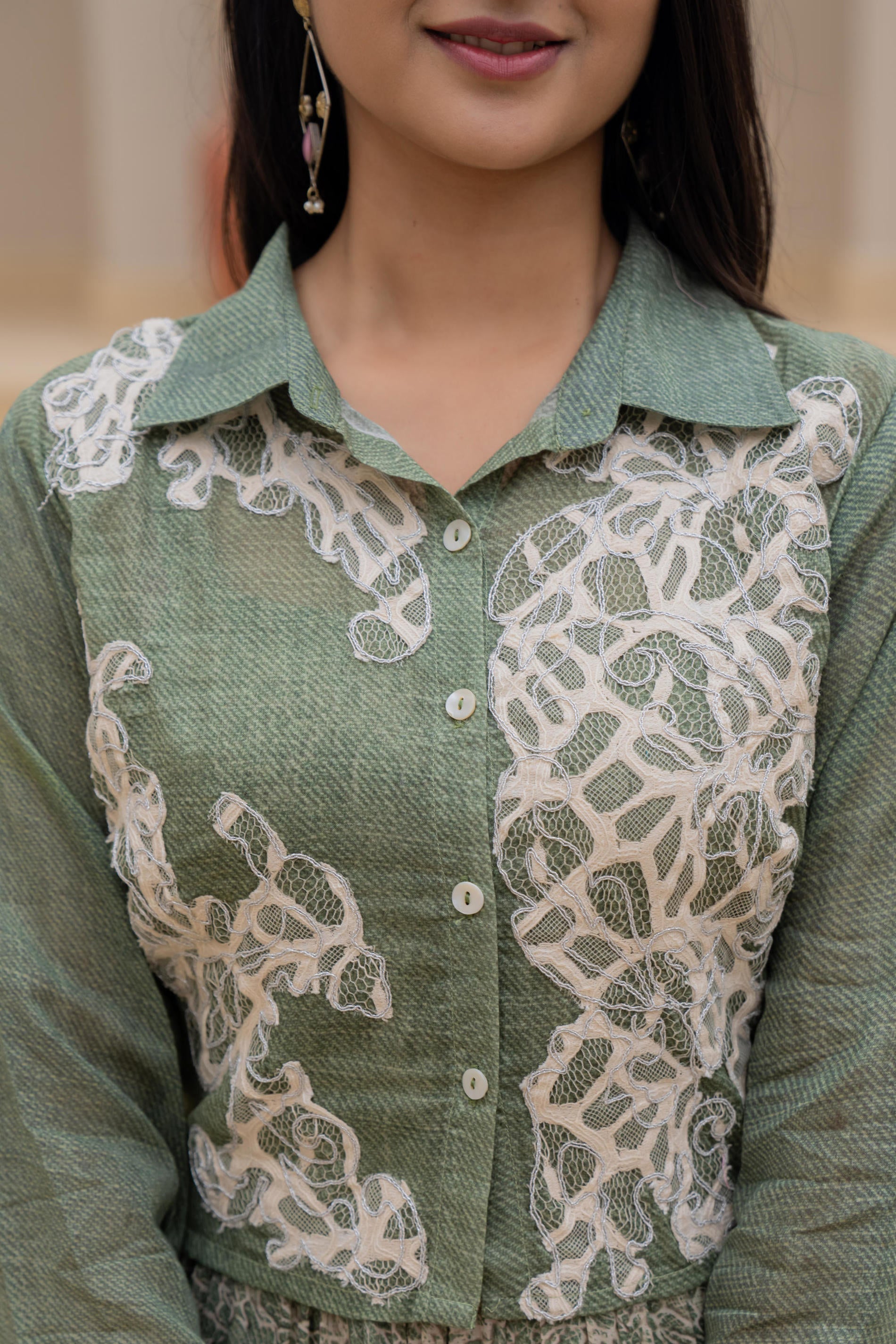 Juniper Green Shirt-Style Dress with Off White Embroidery & Tiered Floral Maxi Skirt