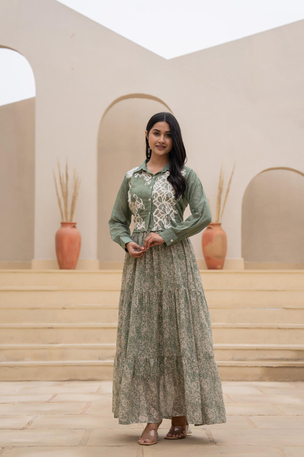 Juniper Green Shirt-Style Dress with Off White Embroidery & Tiered Floral Maxi Skirt