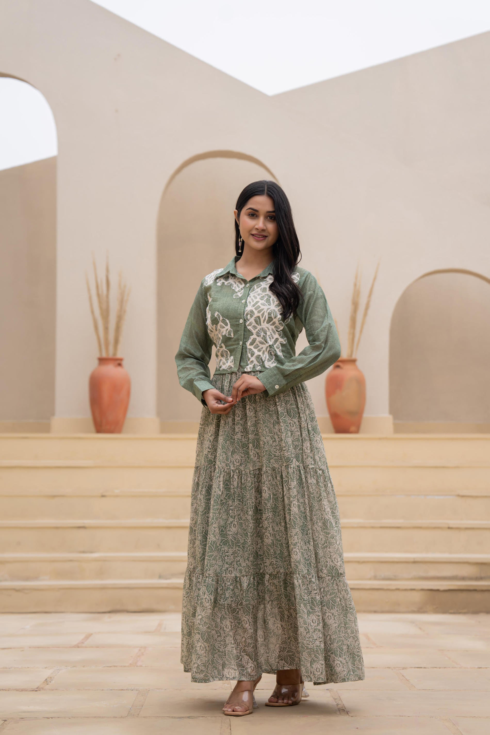 Juniper Green Shirt-Style Dress with Off White Embroidery & Tiered Floral Maxi Skirt