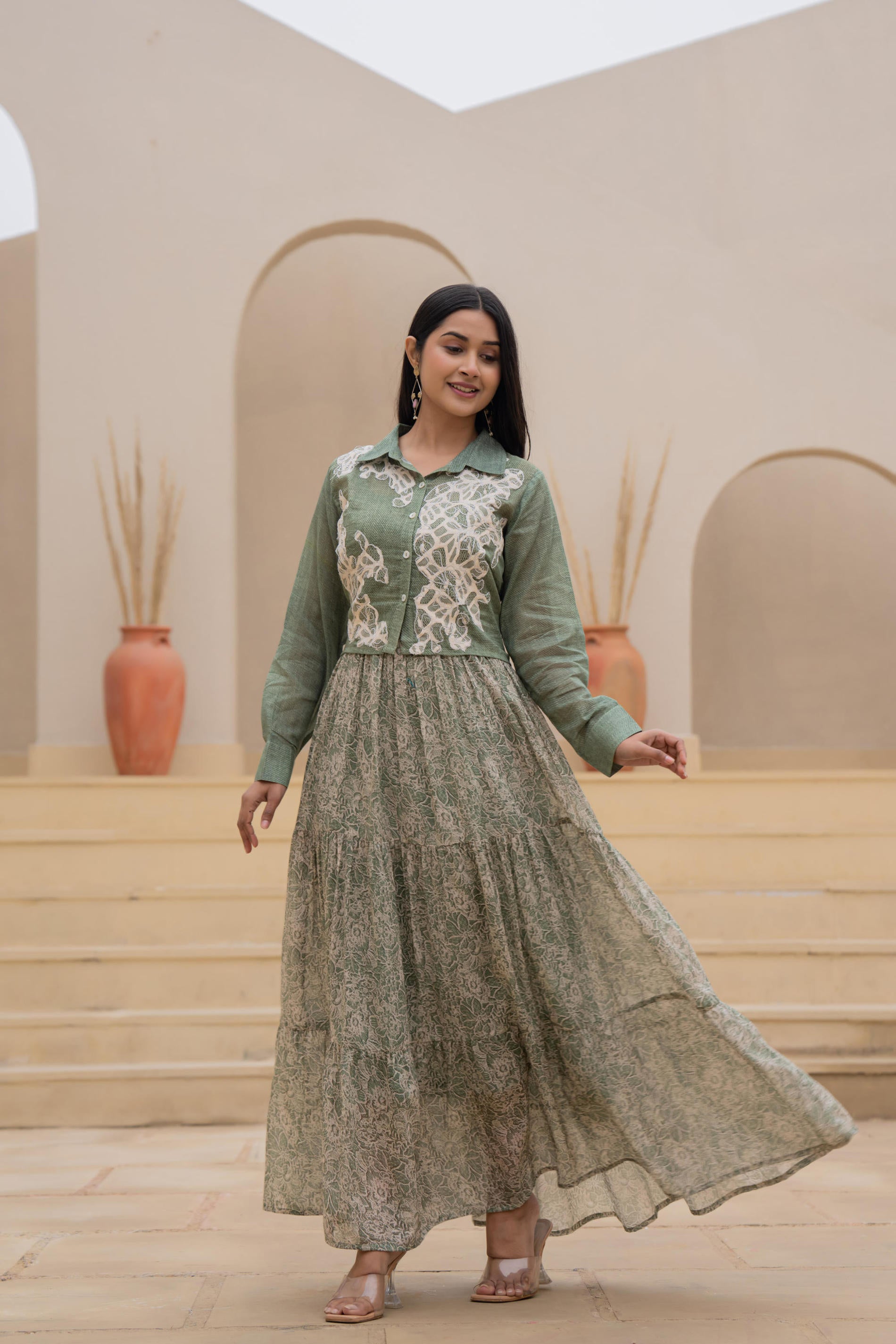 Juniper Green Shirt-Style Dress with Off White Embroidery & Tiered Floral Maxi Skirt