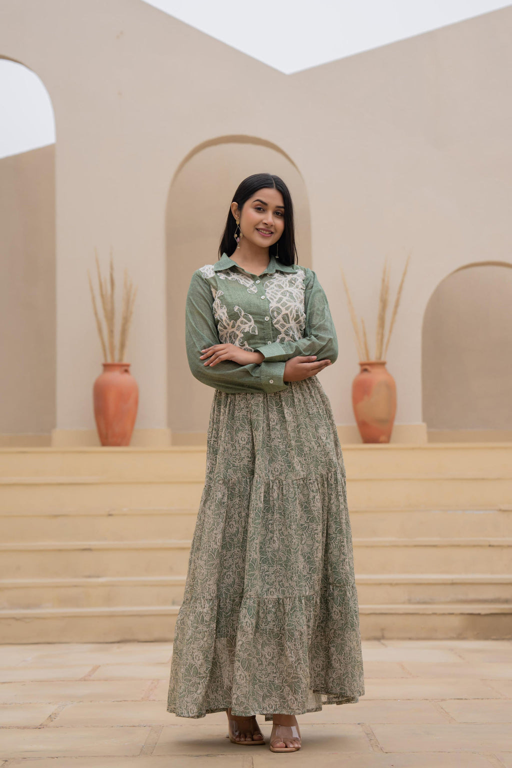 Juniper Green Shirt-Style Dress with Off White Embroidery & Tiered Floral Maxi Skirt