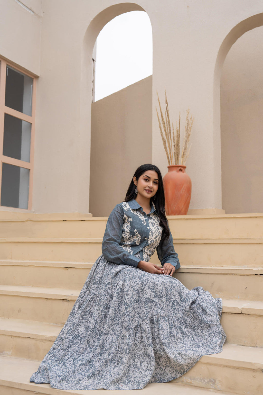 Juniper Grey Shirt-Style Dress with Off White Embroidery & Tiered Floral Maxi Skirt
