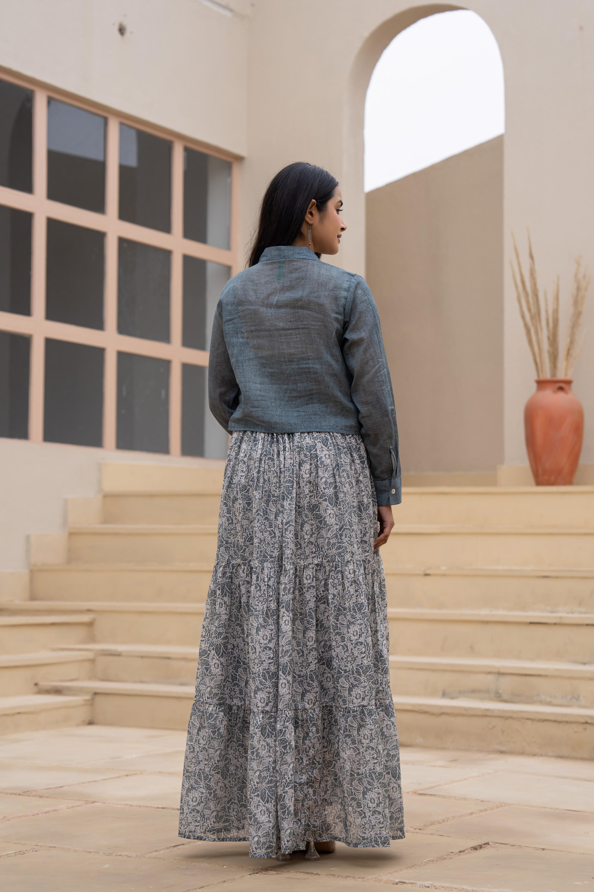Juniper Grey Shirt-Style Dress with Off White Embroidery & Tiered Floral Maxi Skirt