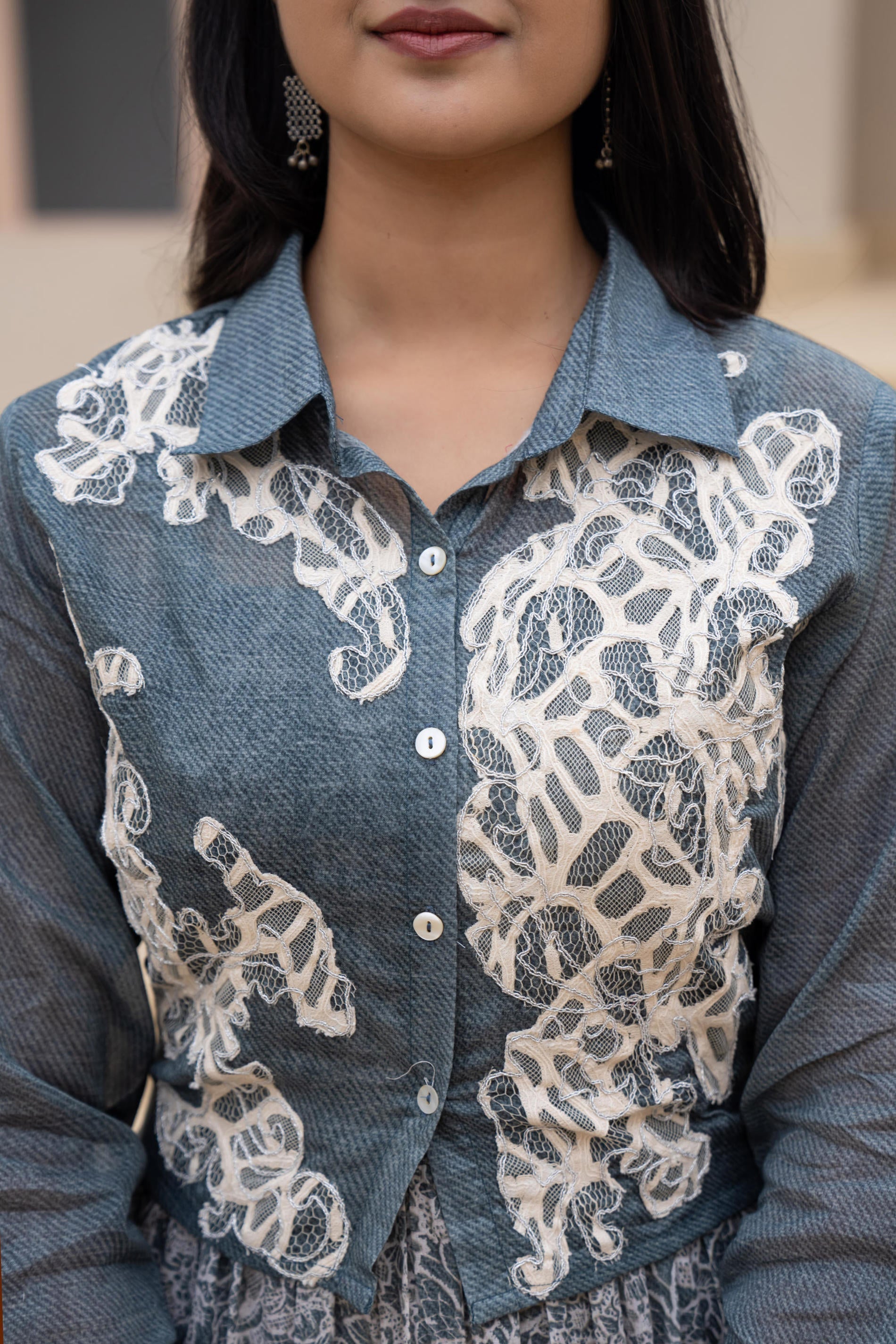Juniper Grey Shirt-Style Dress with Off White Embroidery & Tiered Floral Maxi Skirt