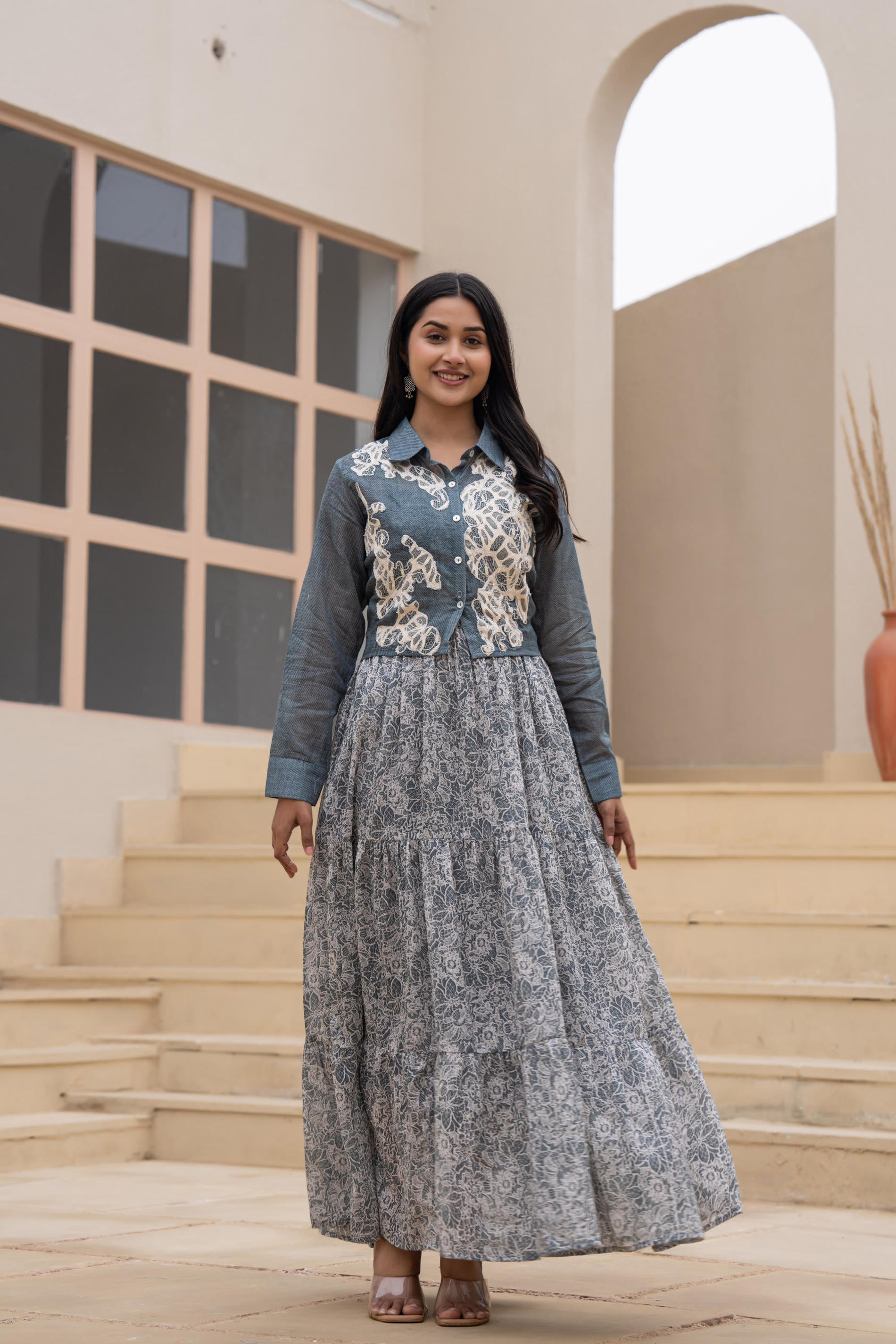 Juniper Grey Shirt-Style Dress with Off White Embroidery & Tiered Floral Maxi Skirt