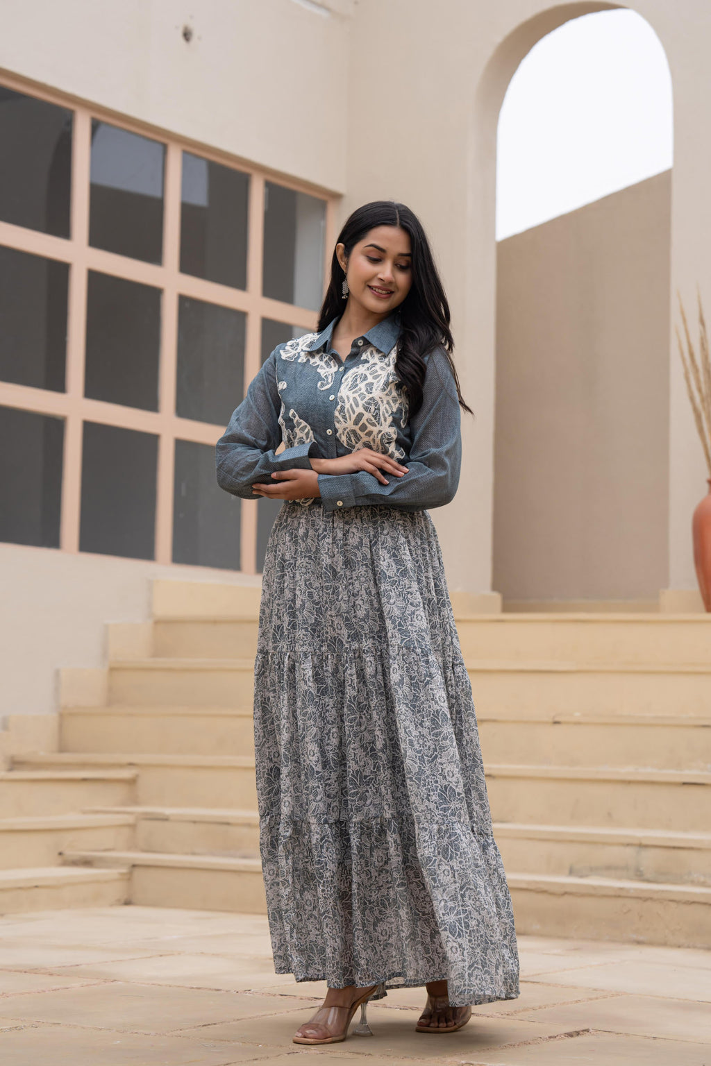 Juniper Grey Shirt-Style Dress with Off White Embroidery & Tiered Floral Maxi Skirt