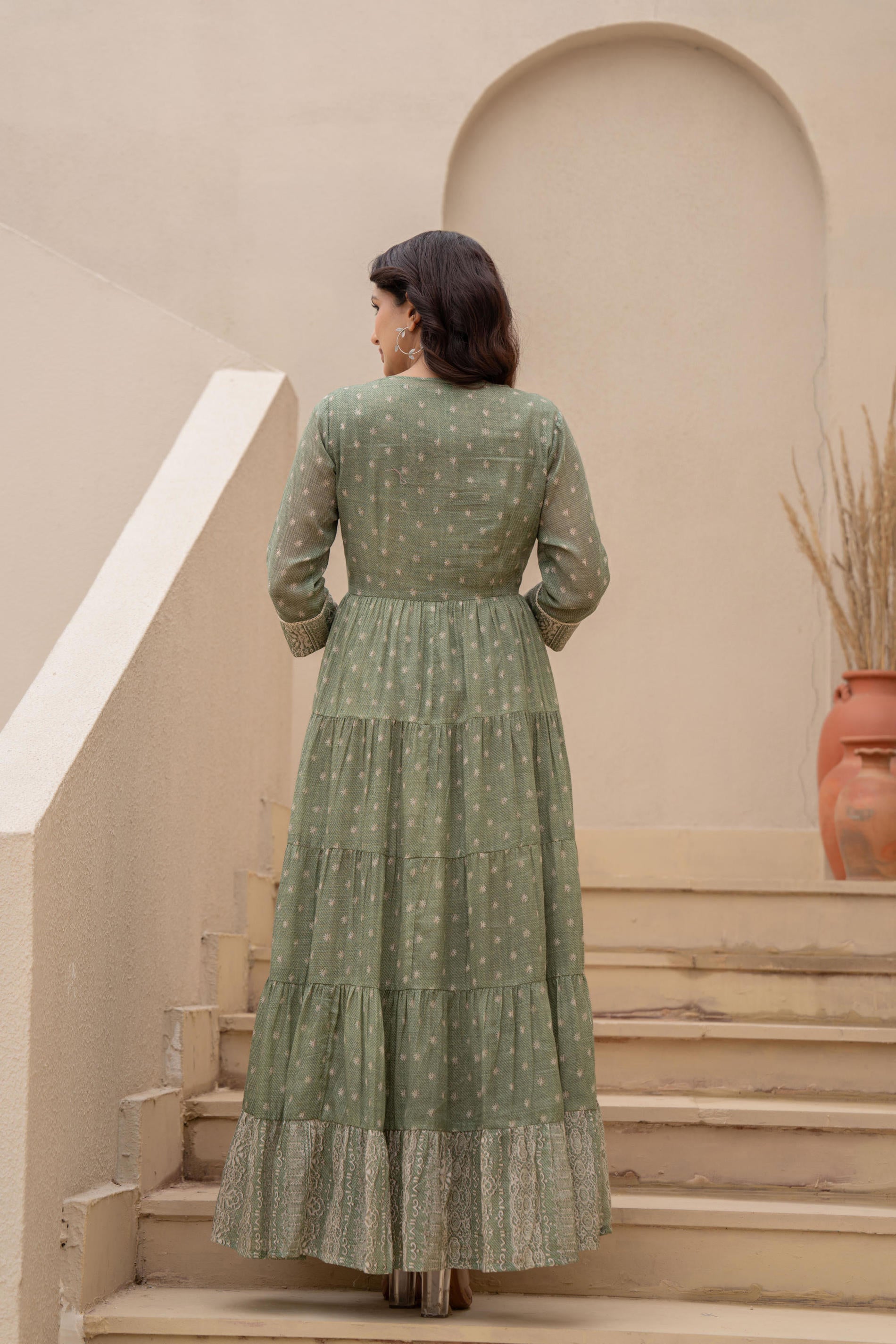 Juniper Sage Green Embroidered Flared Maxi Dress with Inner Slip and Button-Down Detailing