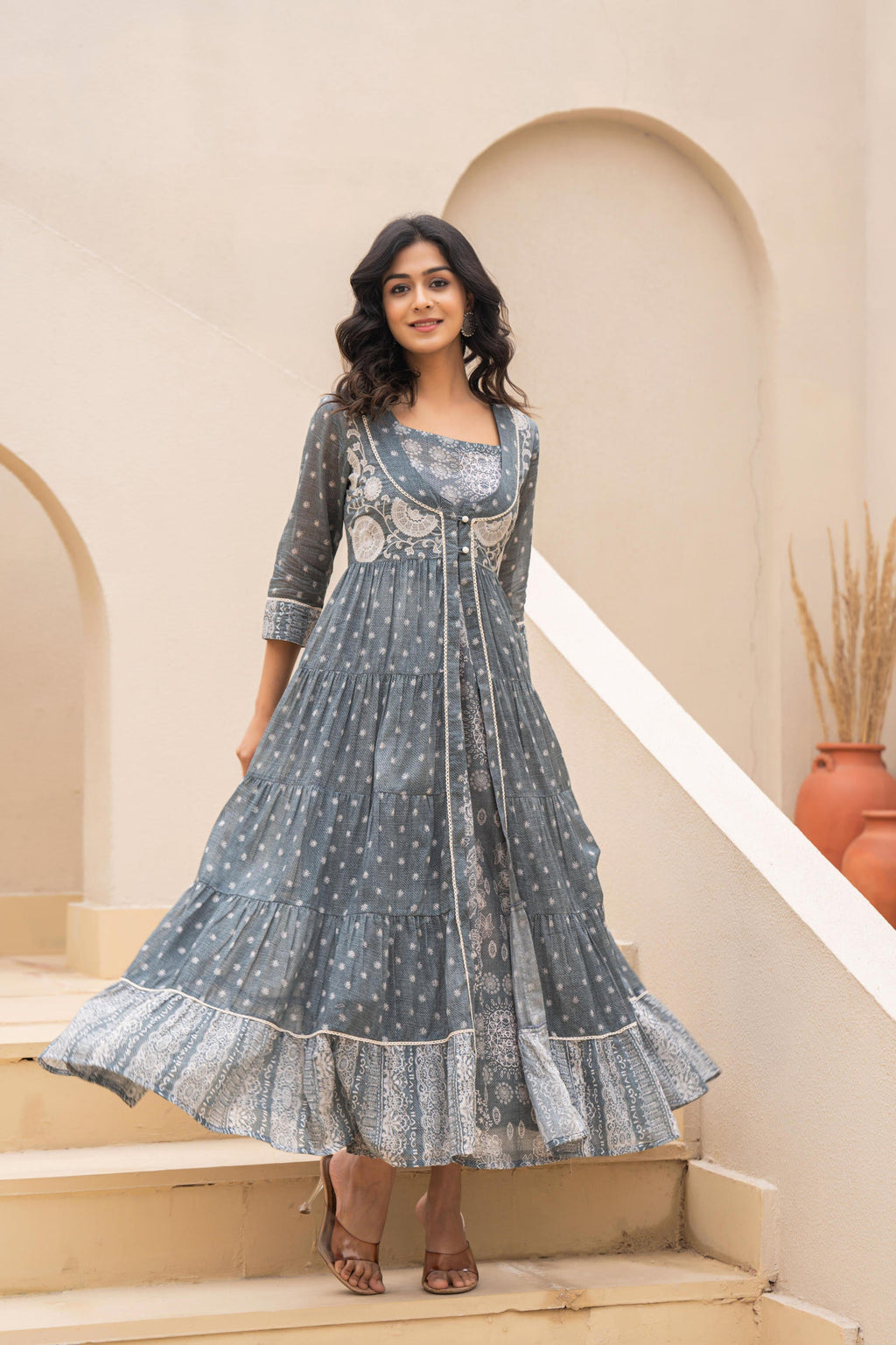 Juniper Grey Embroidered Flared Maxi Dress with Inner Slip and Button-Down Detailing