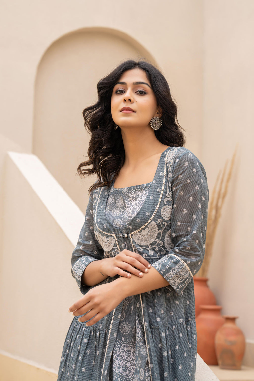 Juniper Grey Embroidered Flared Maxi Dress with Inner Slip and Button-Down Detailing