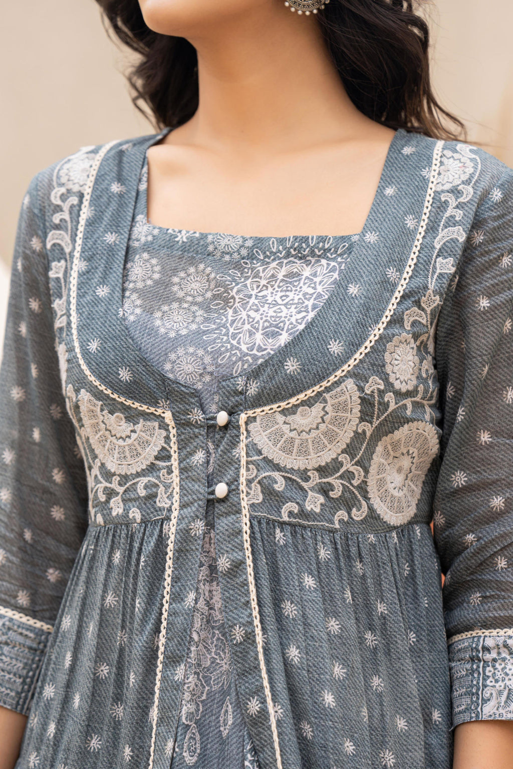 Juniper Grey Embroidered Flared Maxi Dress with Inner Slip and Button-Down Detailing