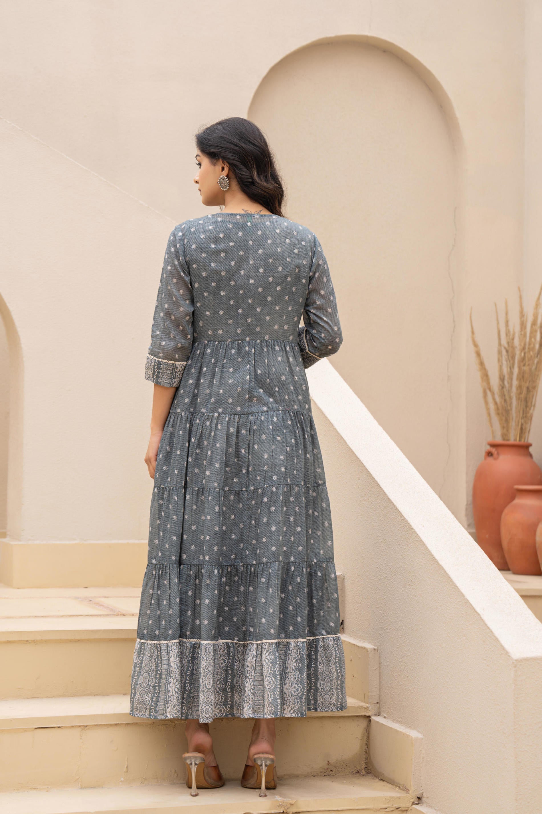 Juniper Grey Embroidered Flared Maxi Dress with Inner Slip and Button-Down Detailing