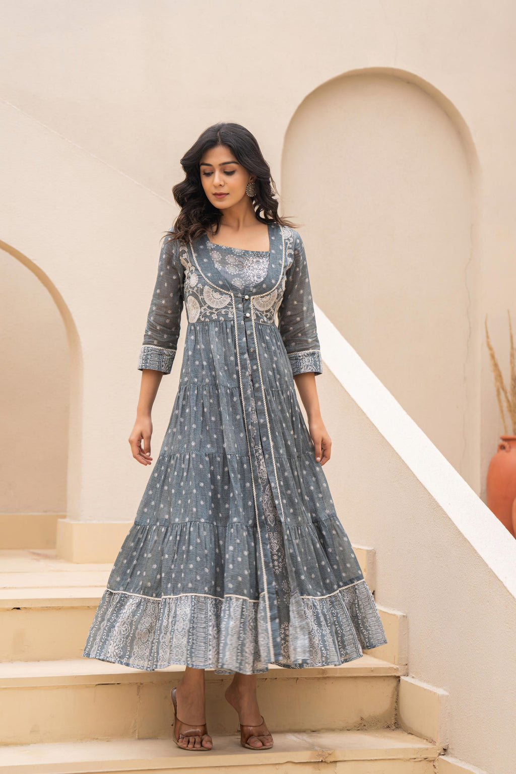 Juniper Grey Embroidered Flared Maxi Dress with Inner Slip and Button-Down Detailing