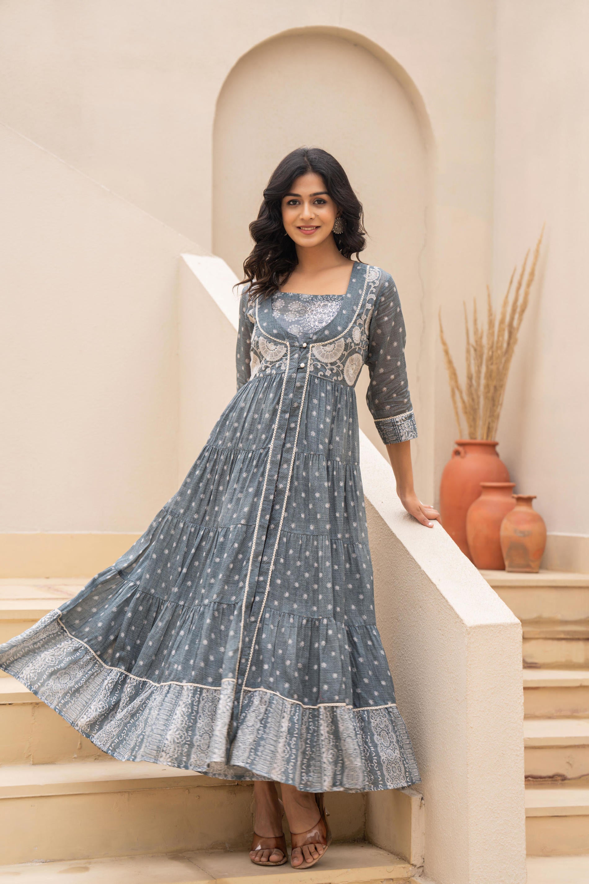 Juniper Grey Embroidered Flared Maxi Dress with Inner Slip and Button-Down Detailing