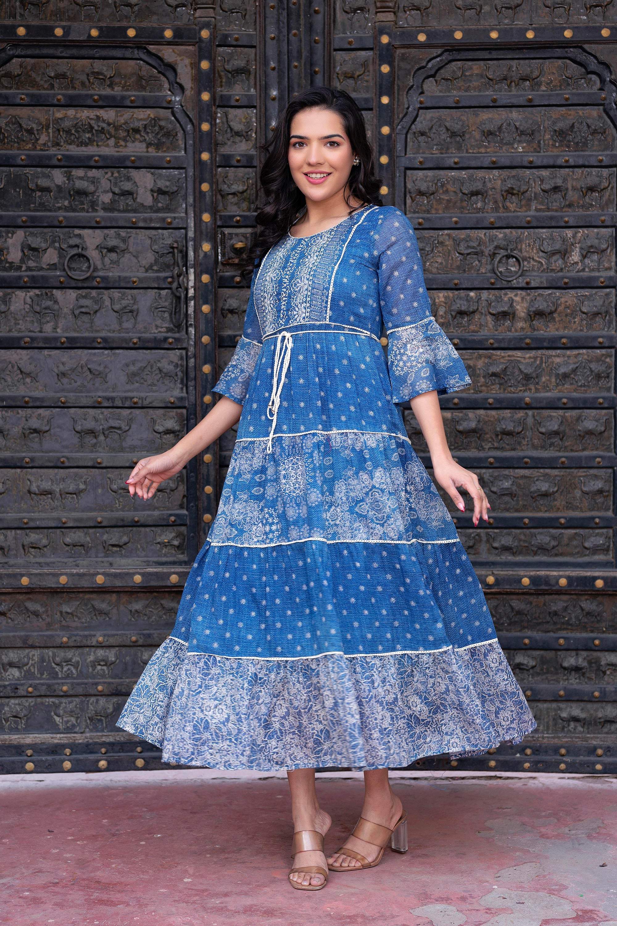 Juniper Blue Floral Printed Cotton Dress with Dori, Cotton Lace & Bead Work