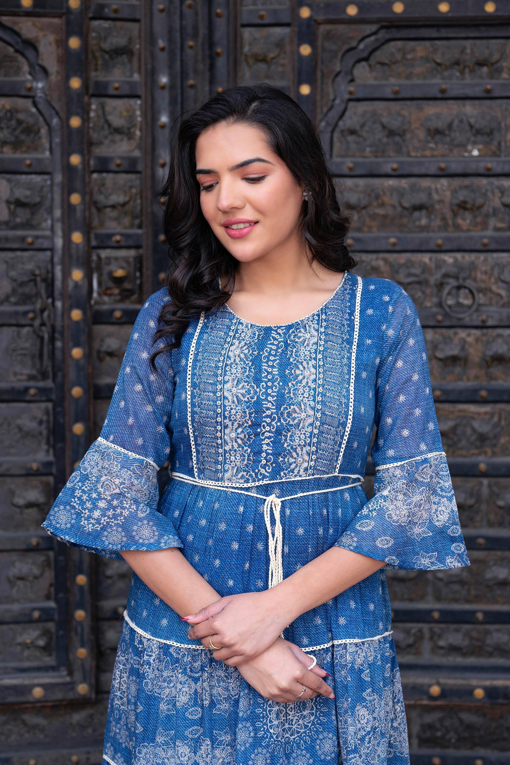 Juniper Blue Floral Printed Cotton Dress with Dori, Cotton Lace & Bead Work