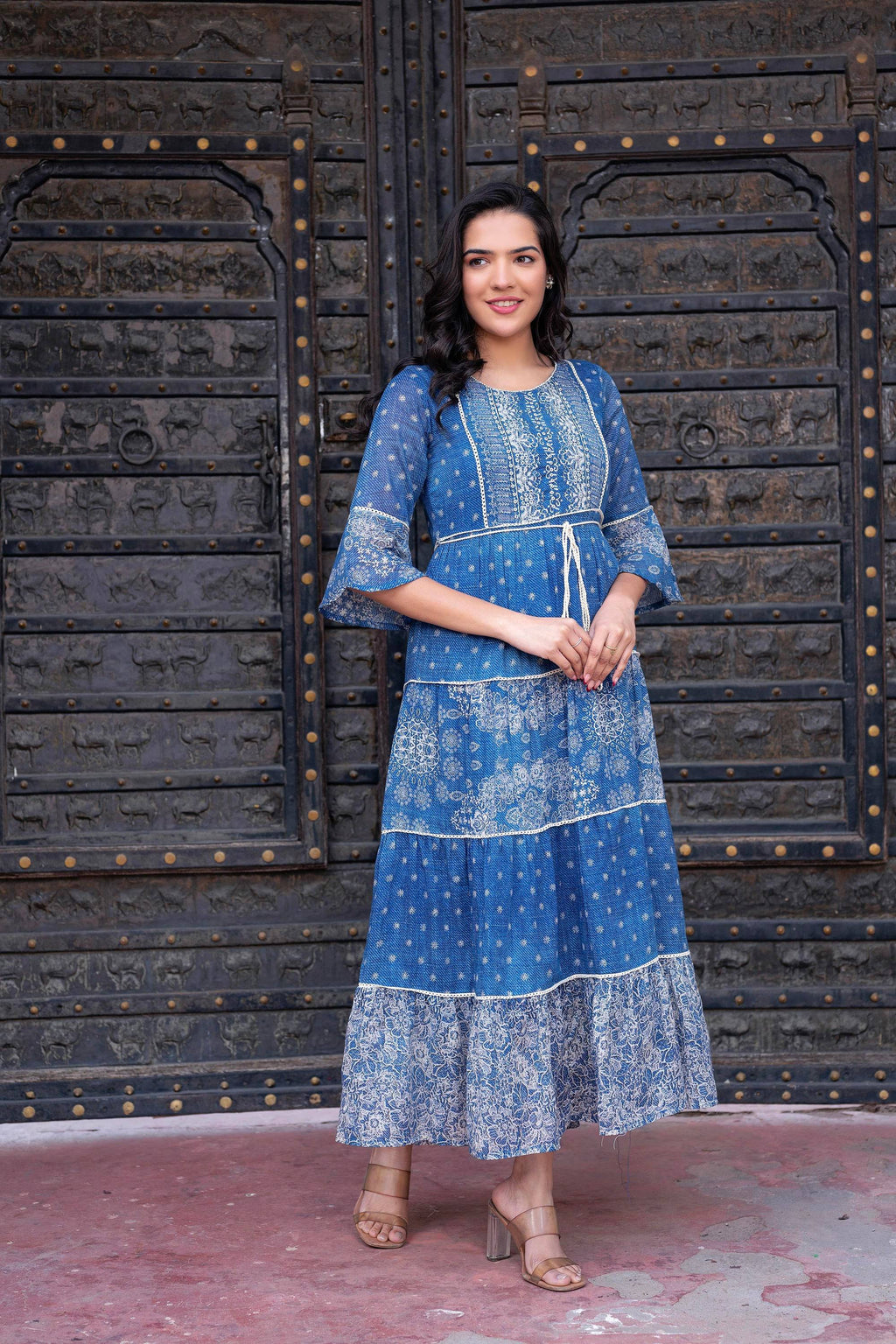 Juniper Blue Floral Printed Cotton Dress with Dori, Cotton Lace & Bead Work