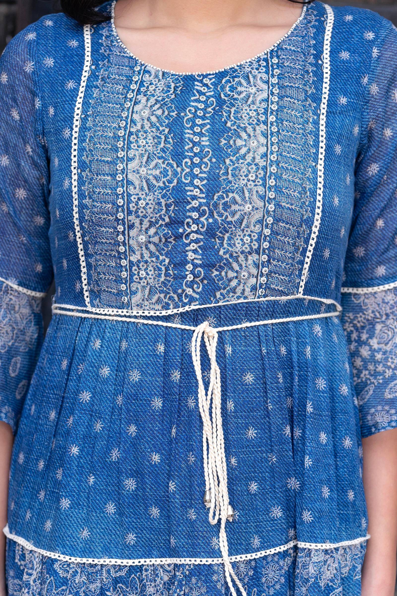 Juniper Blue Floral Printed Cotton Dress with Dori, Cotton Lace & Bead Work