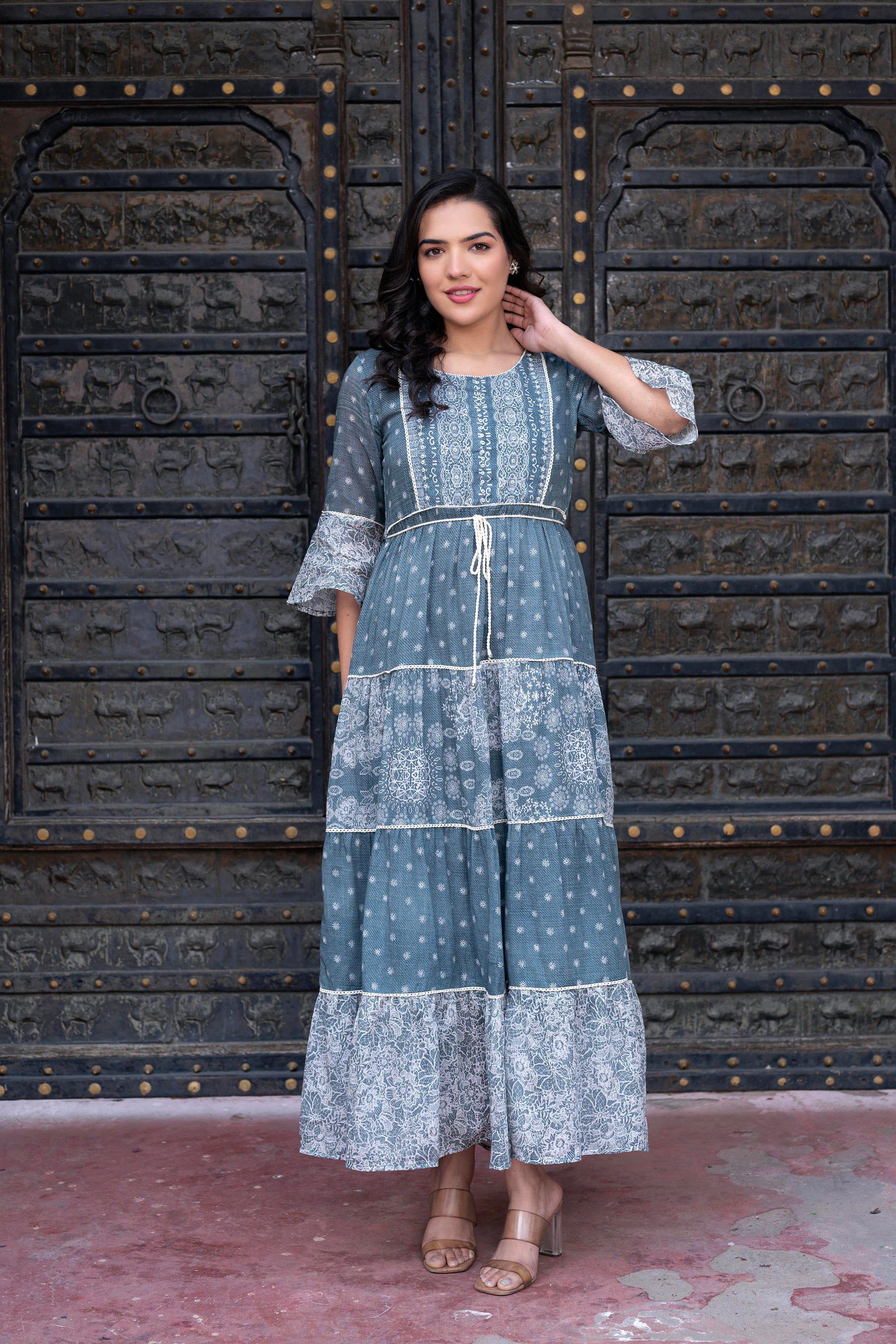 Juniper Grey Floral Printed Cotton Dress with Dori, Cotton Lace & Bead Work
