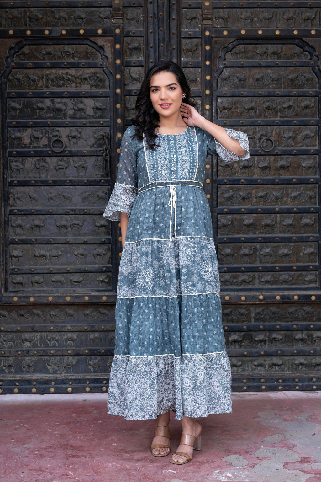 Juniper Grey Floral Printed Cotton Dress With Dori, Cotton Lace & Bead Work