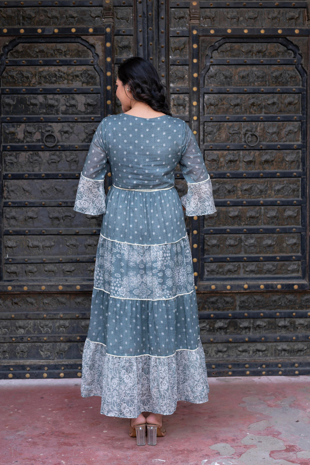 Juniper Grey Floral Printed Cotton Dress With Dori, Cotton Lace & Bead Work