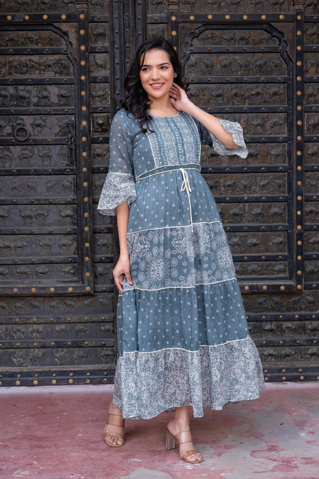 Juniper Grey Floral Printed Cotton Dress with Dori, Cotton Lace & Bead Work